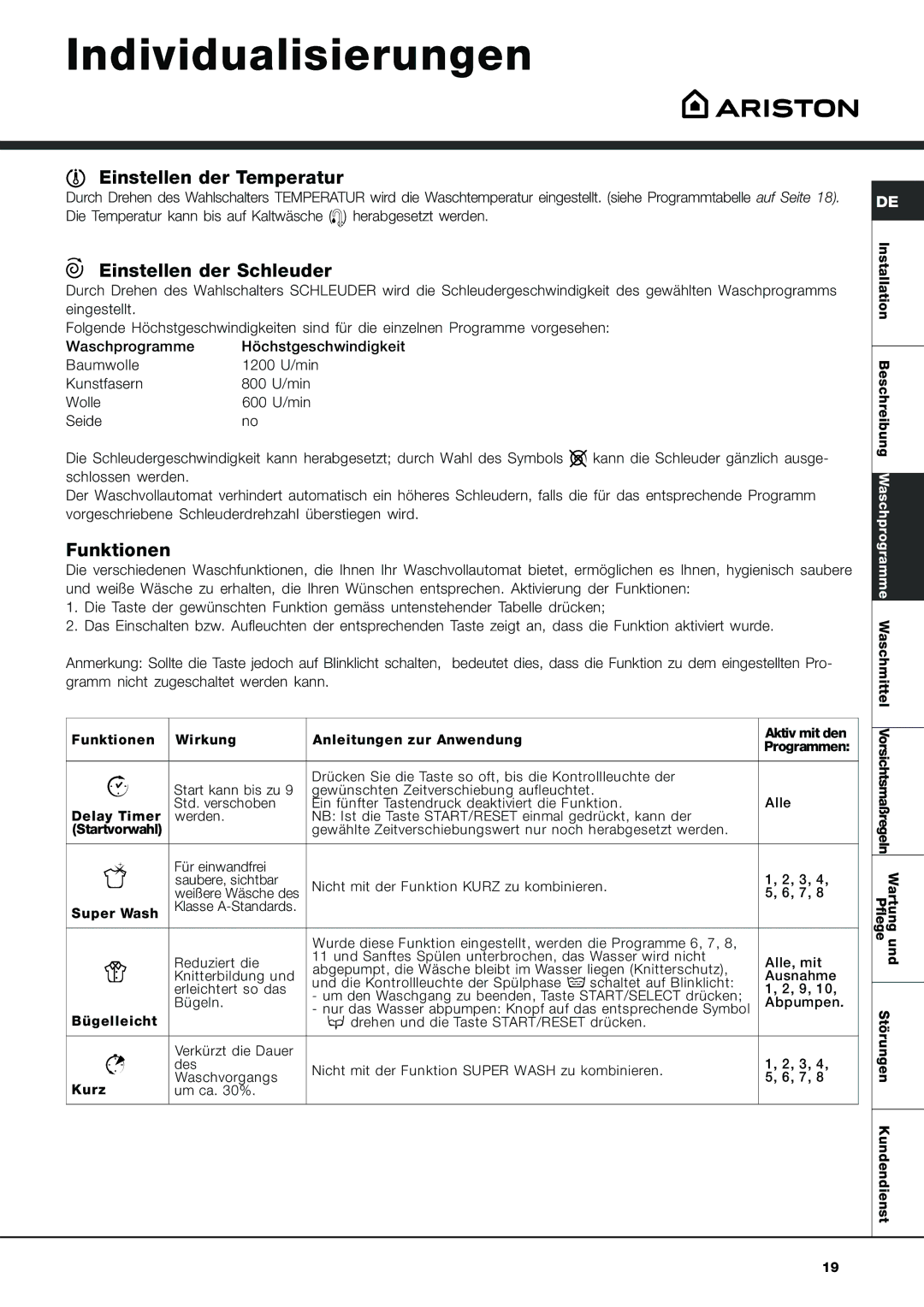 Ariston AVL 129 manual Individualisierungen, Einstellen der Temperatur, Einstellen der Schleuder, Funktionen 