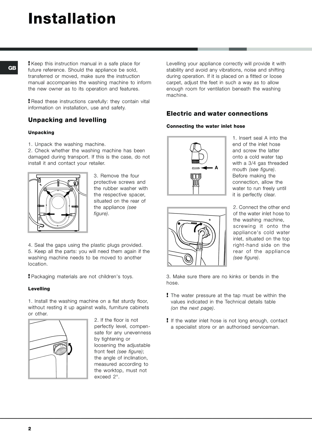 Ariston AVL 129 manual Installation, Unpacking and levelling, Electric and water connections 