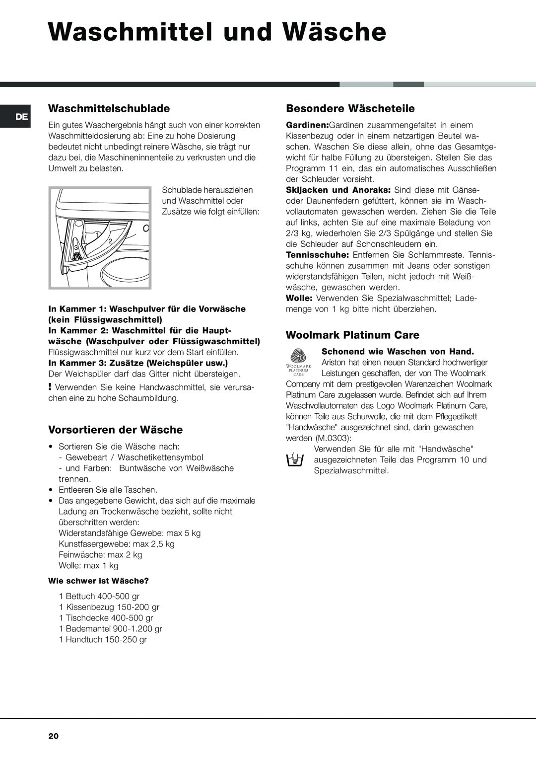 Ariston AVL 129 manual Waschmittel und Wäsche, Waschmittelschublade, Besondere Wäscheteile, Vorsortieren der Wäsche 