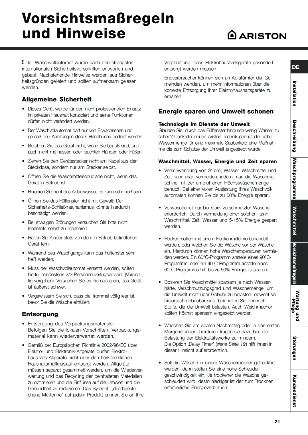 Ariston AVL 129 Vorsichtsmaßregeln und Hinweise, Allgemeine Sicherheit, Entsorgung, Energie sparen und Umwelt schonen 