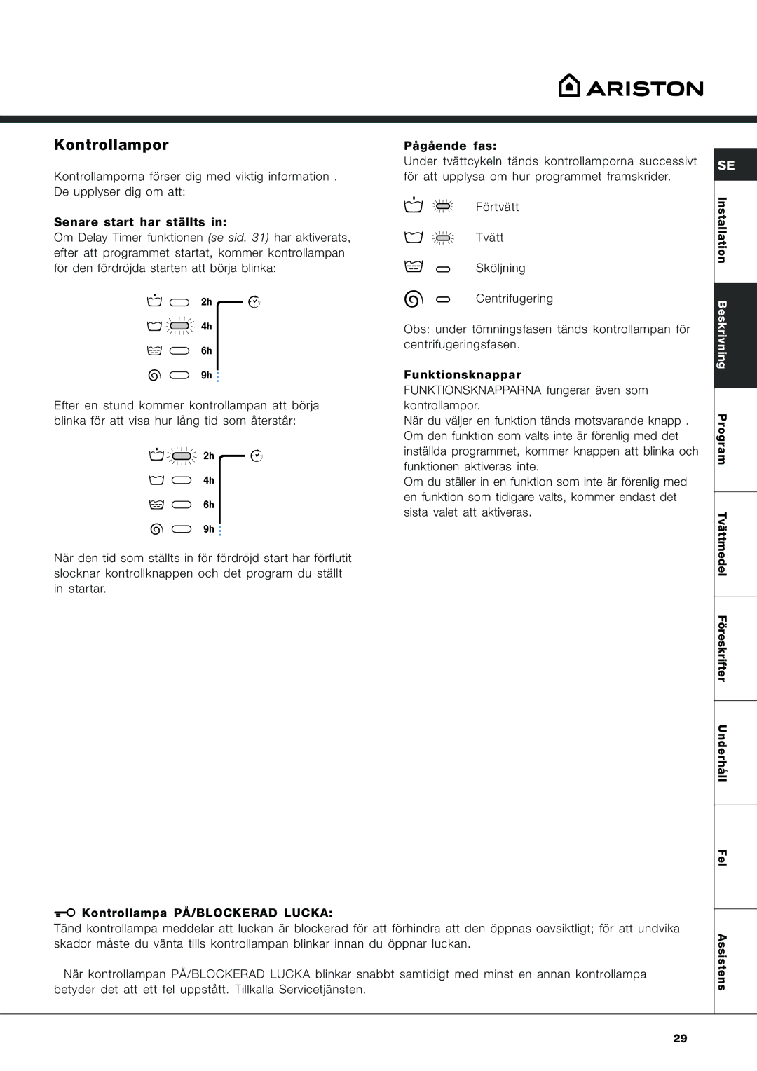 Ariston AVL 129 manual Kontrollampor 