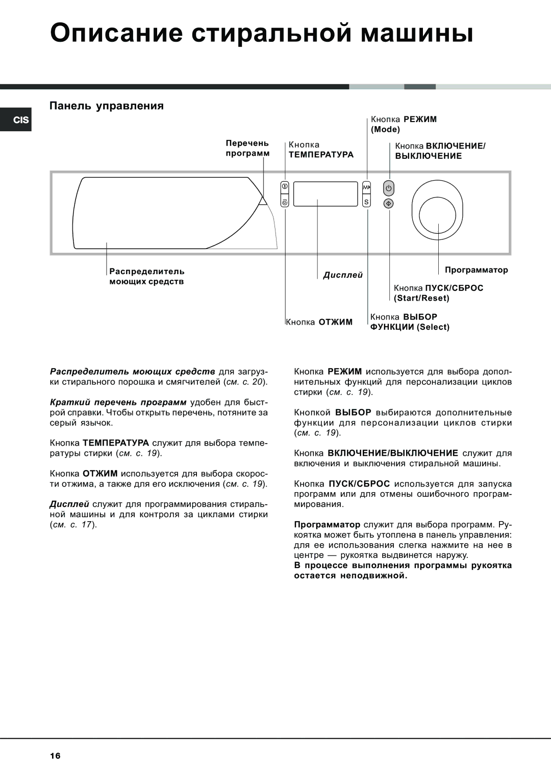 Ariston AVSD 109 manual Îïèñàíèå ñòèðàëüíîé ìàøèíû, Ïàíåëü óïðàâëåíèÿ, Ïåðå÷åíü Ïðîãðàìì Êíîïêà 