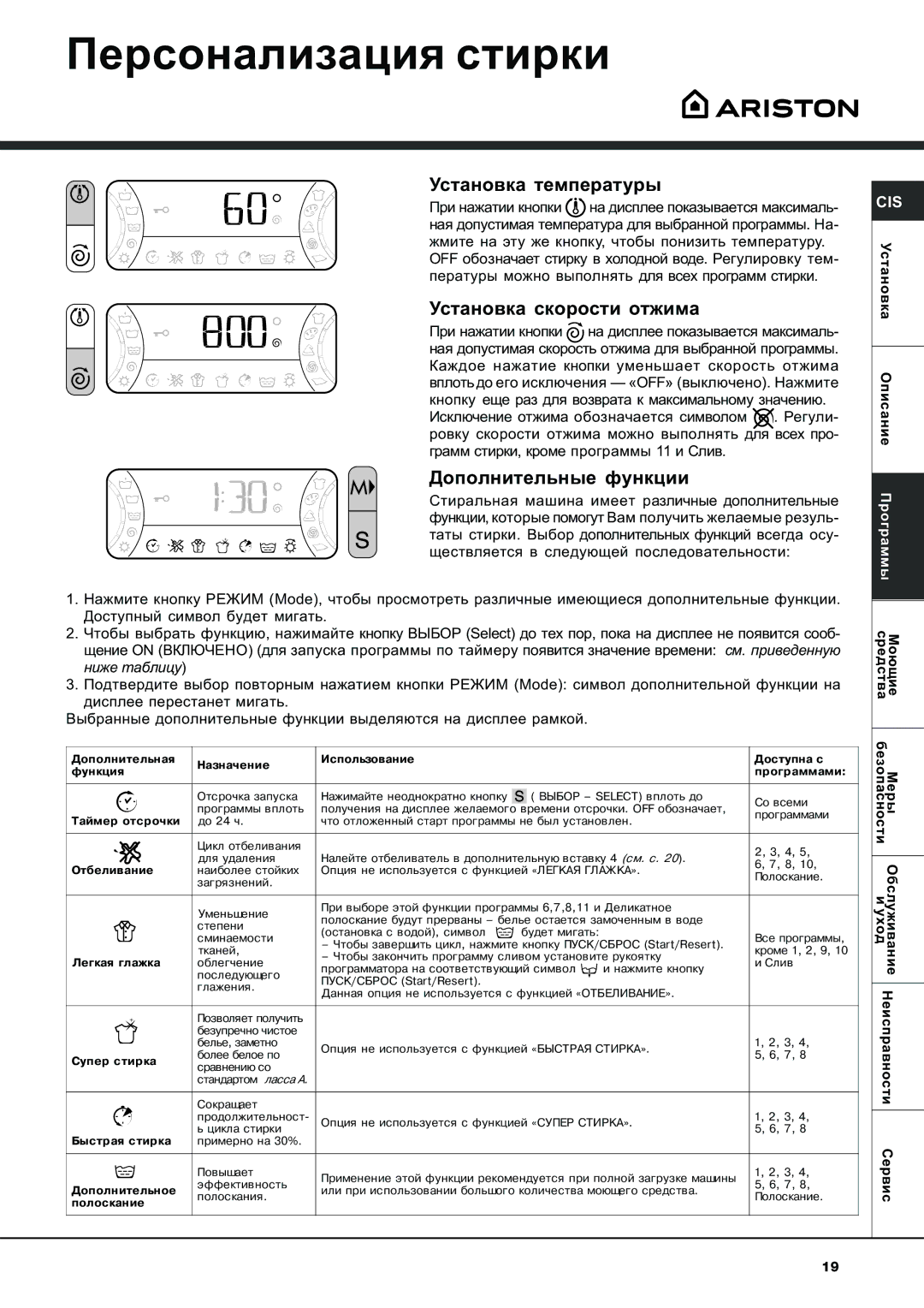 Ariston AVSD 109 manual Ïåðñîíàëèçàöèÿ ñòèðêè, Óñòàíîâêà òåìïåðàòóðû, Óñòàíîâêà ñêîðîñòè îòæèìà, Äîïîëíèòåëüíûå ôóíêöèè 