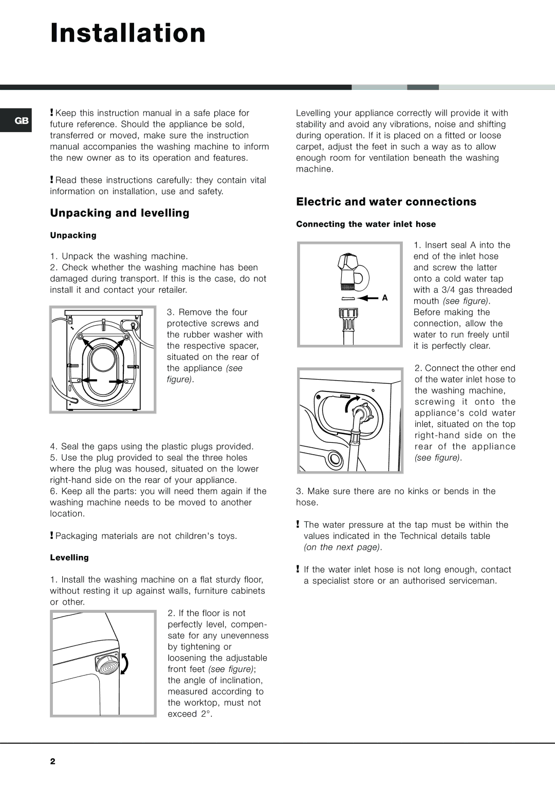 Ariston AVSD 109 manual Installation, Unpacking and levelling, Electric and water connections 