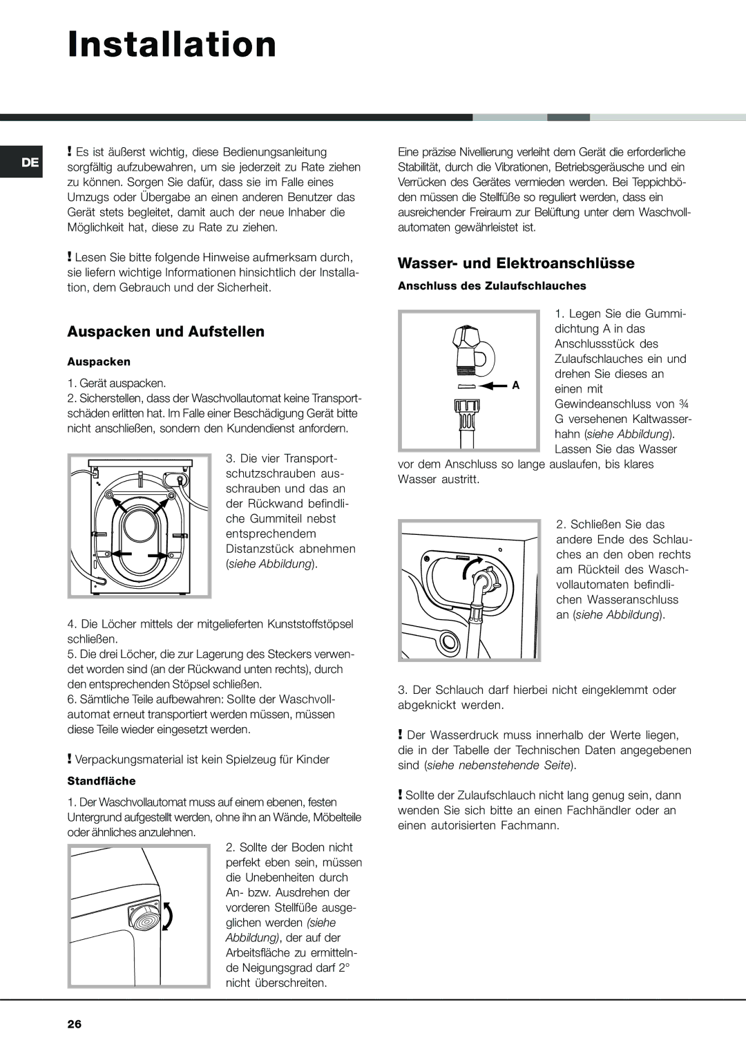 Ariston AVSD 109 manual Auspacken und Aufstellen, Wasser- und Elektroanschlüsse 