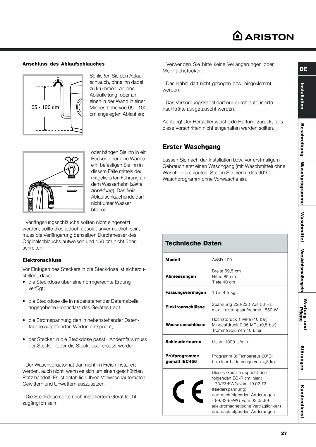 Ariston AVSD 109 manual Erster Waschgang, Technische Daten 