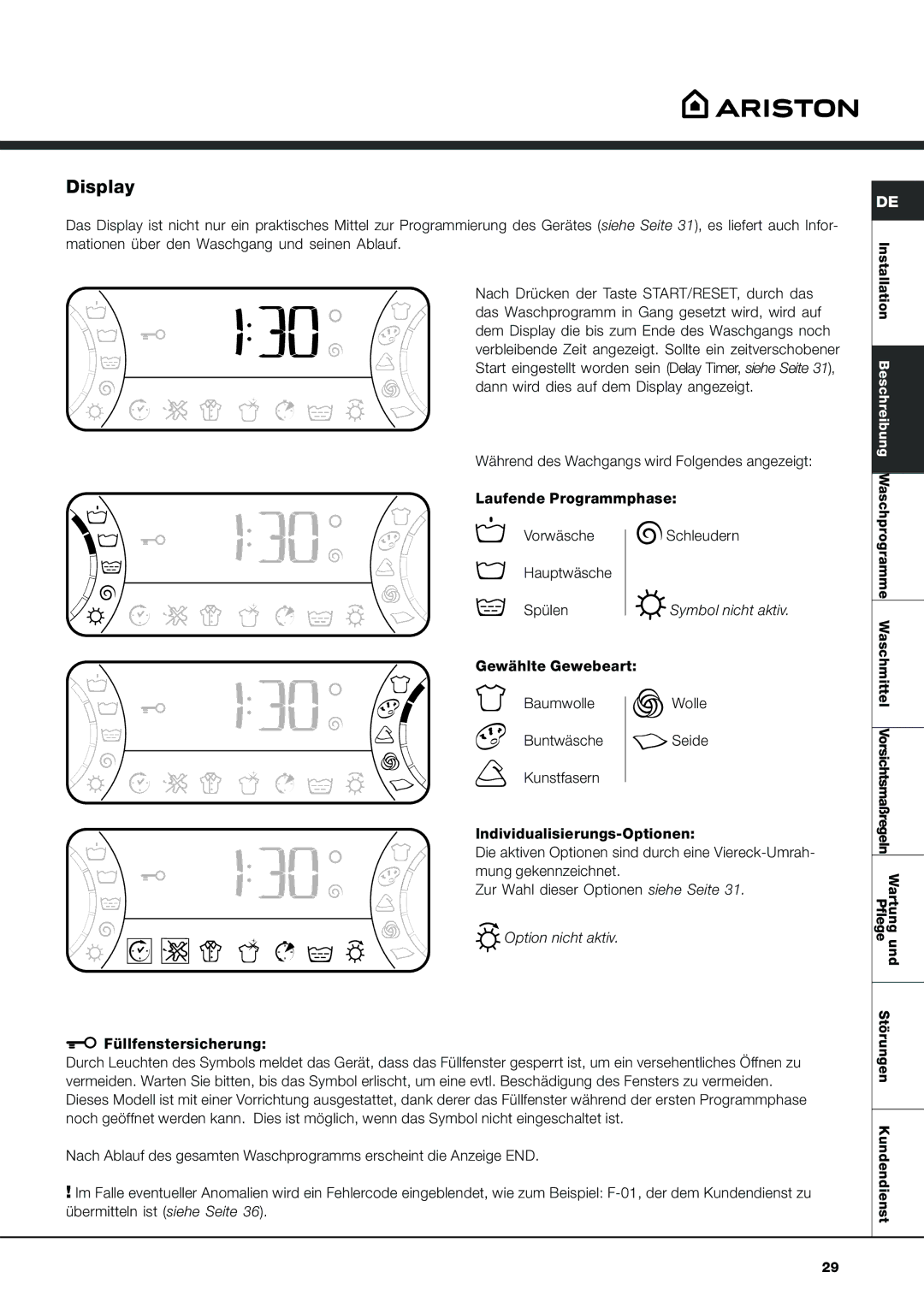 Ariston AVSD 109 manual Display, Symbol nicht aktiv 