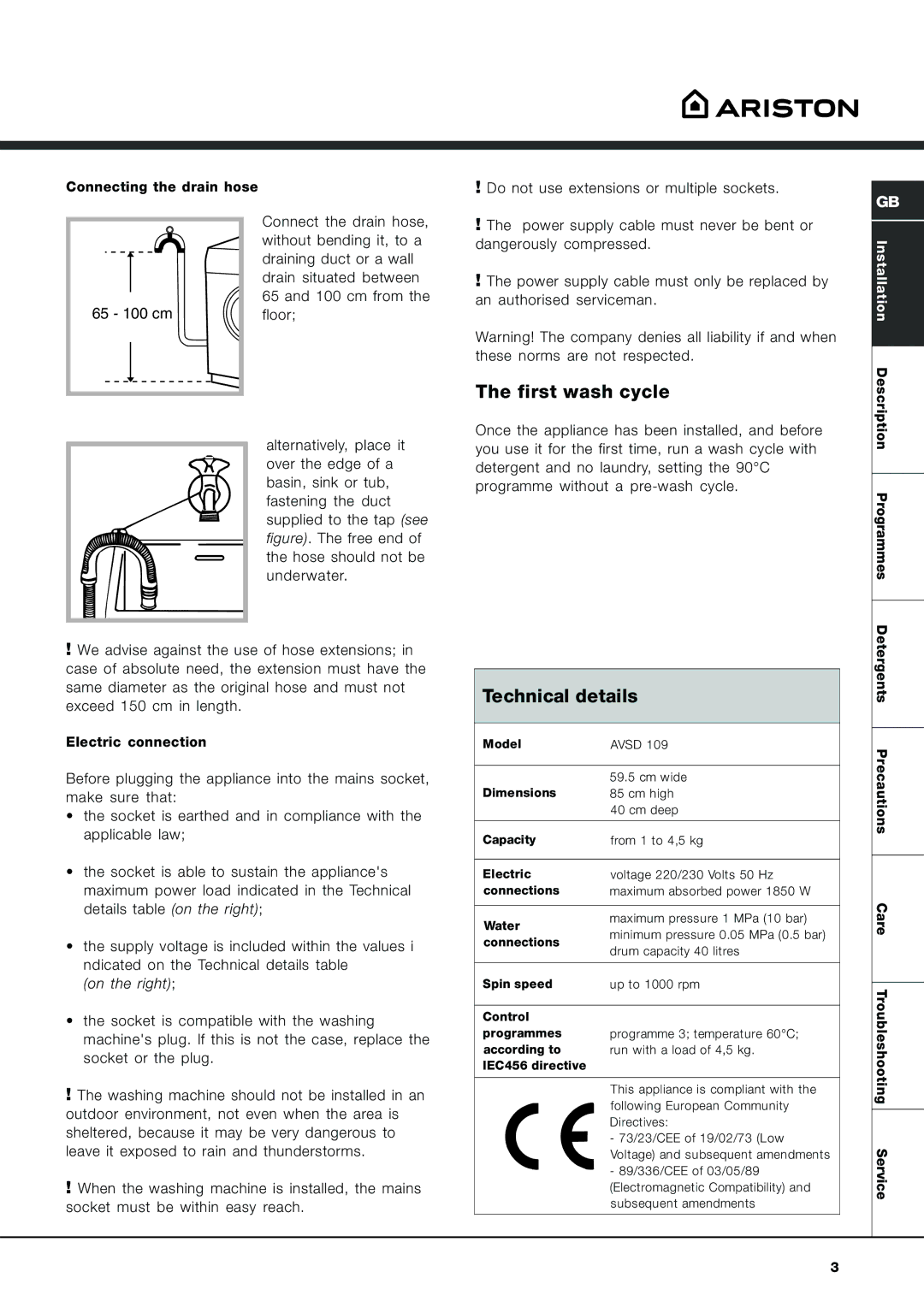 Ariston AVSD 109 manual First wash cycle, Technical details, Electric connection 
