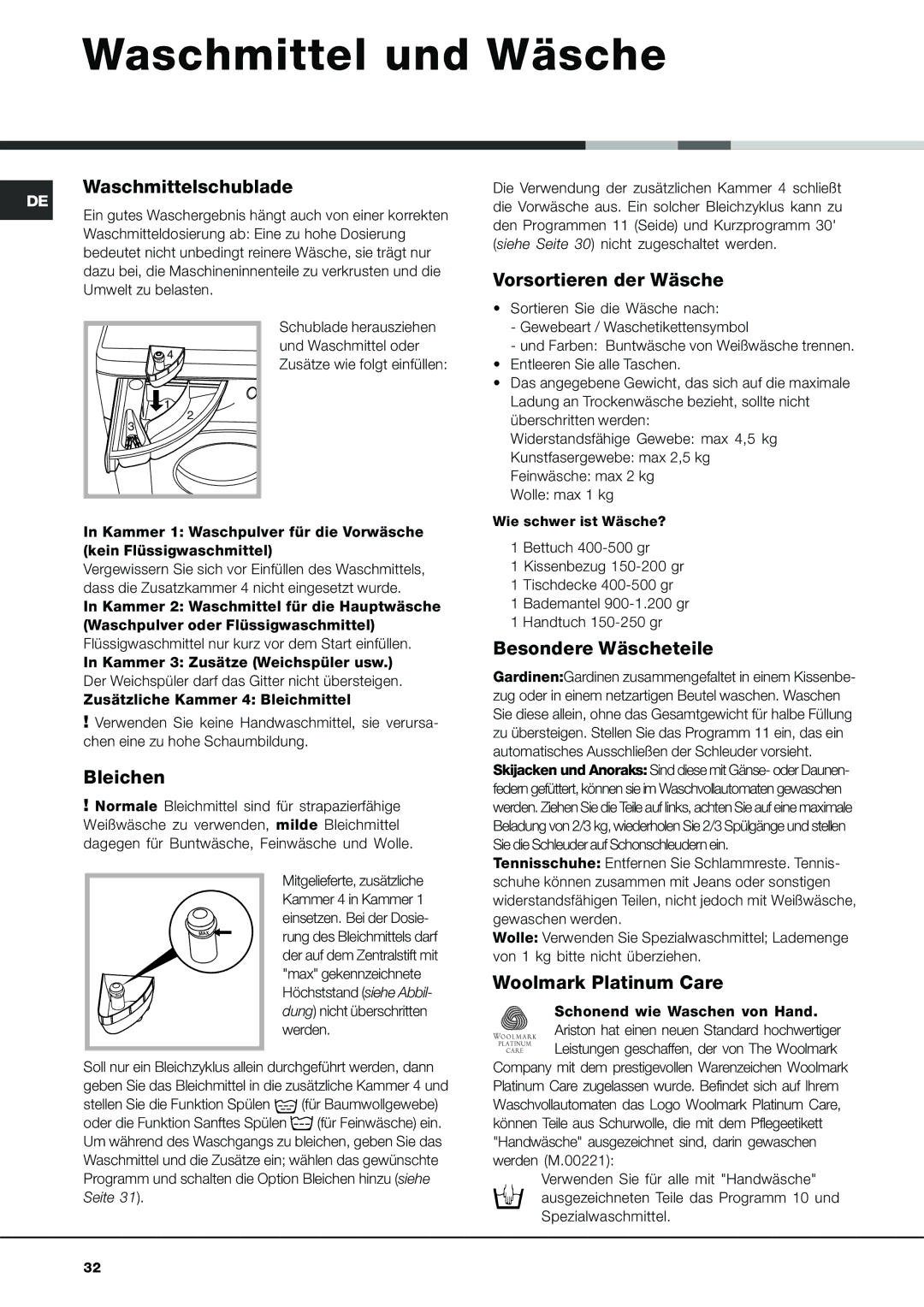 Ariston AVSD 109 Waschmittel und Wäsche, Waschmittelschublade, Vorsortieren der Wäsche, Bleichen, Besondere Wäscheteile 