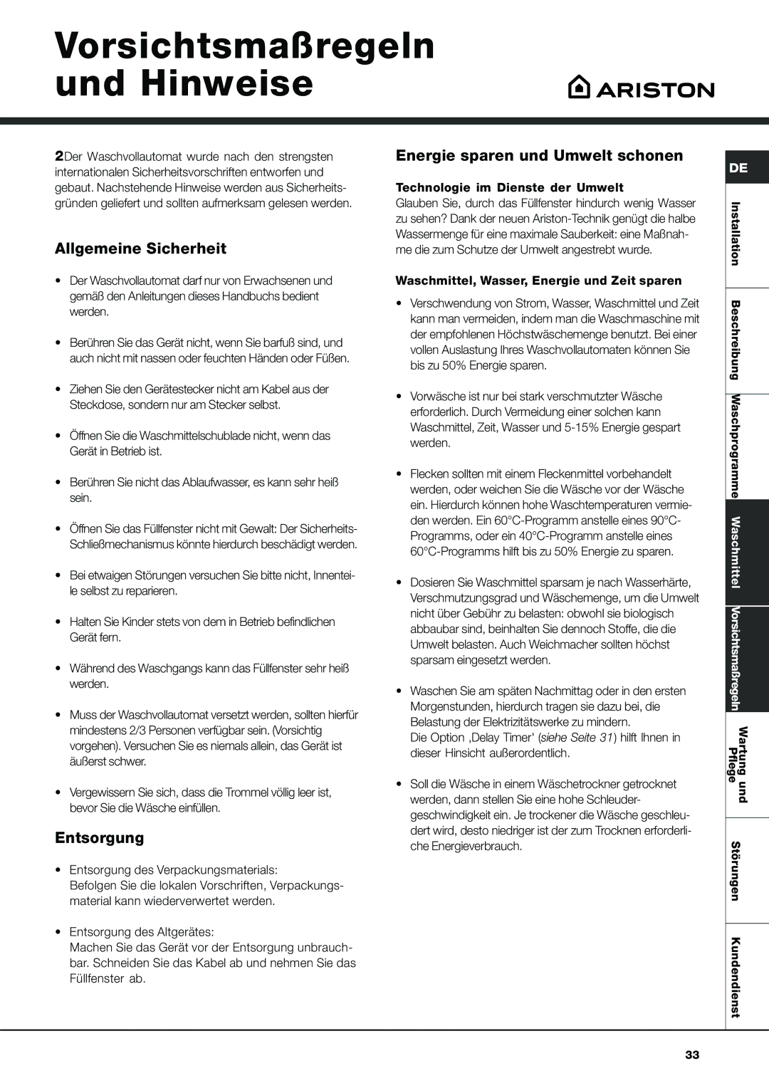 Ariston AVSD 109 Vorsichtsmaßregeln und Hinweise, Allgemeine Sicherheit, Entsorgung, Energie sparen und Umwelt schonen 