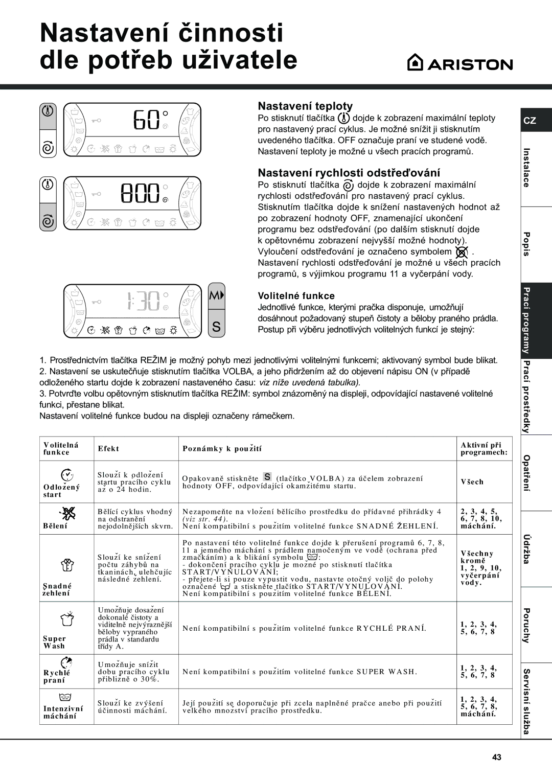 Ariston AVSD 109 manual Nastavení èinnosti Dle potøeb uživatele, Nastavení teplo ty, Nastavení rychlosti odstøeïování 