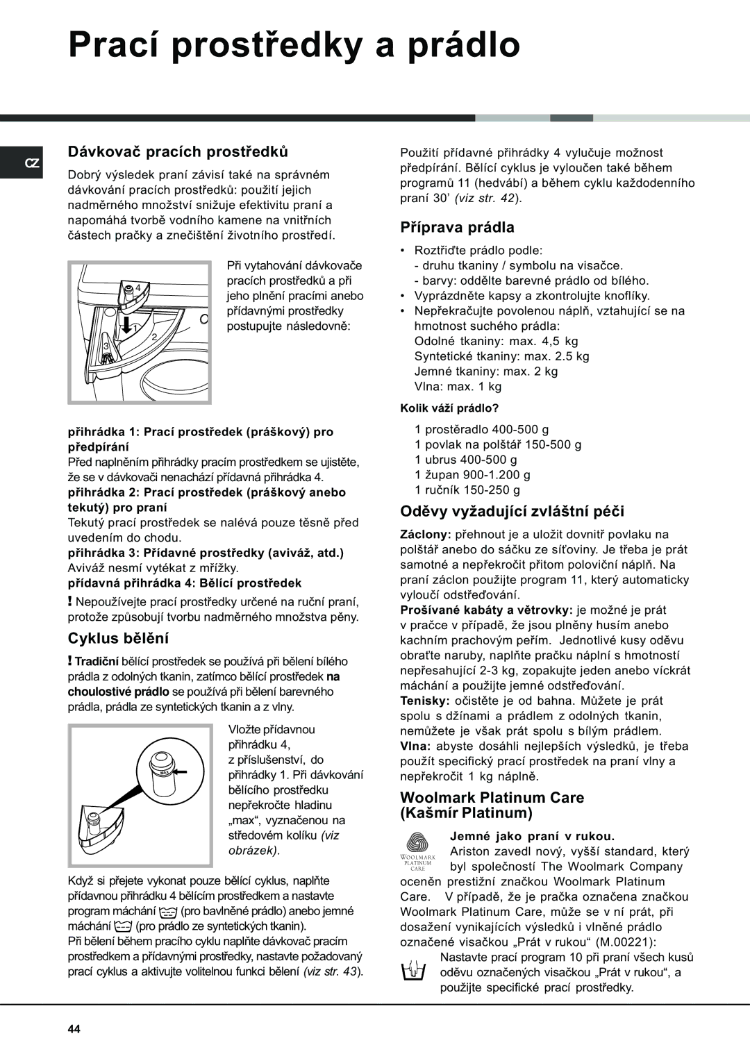 Ariston AVSD 109 manual Prací prostøedky a prádlo 