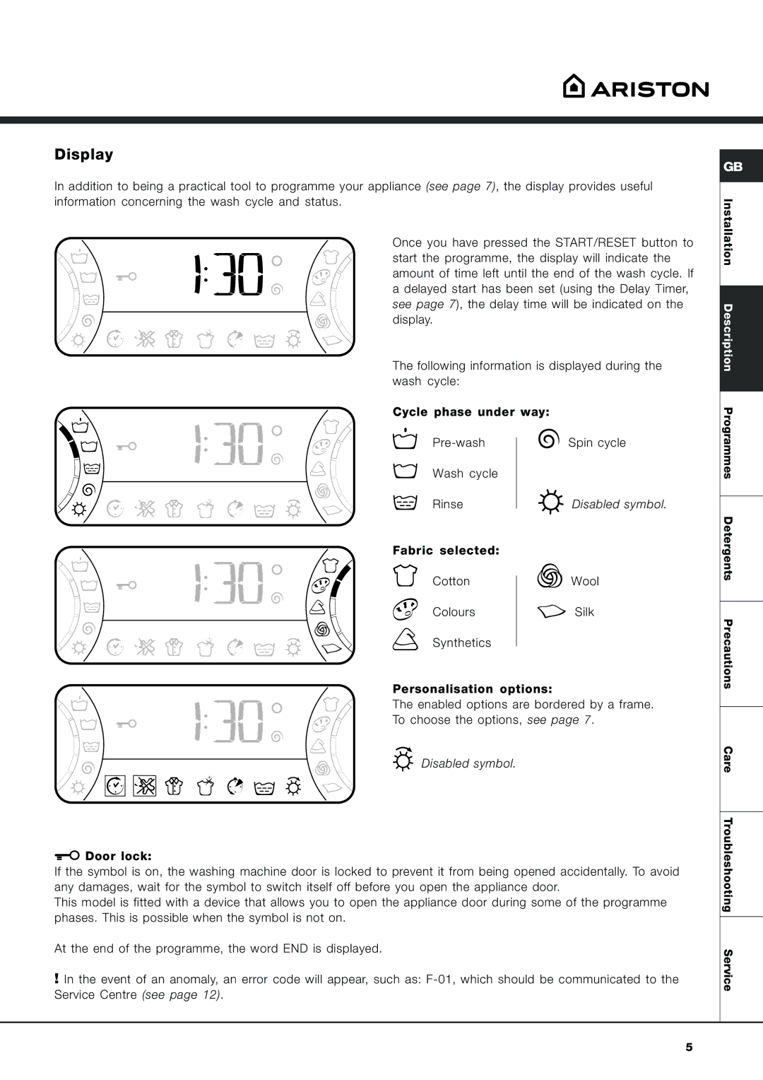 Ariston AVSD 109 manual Display, Disabled symbol 