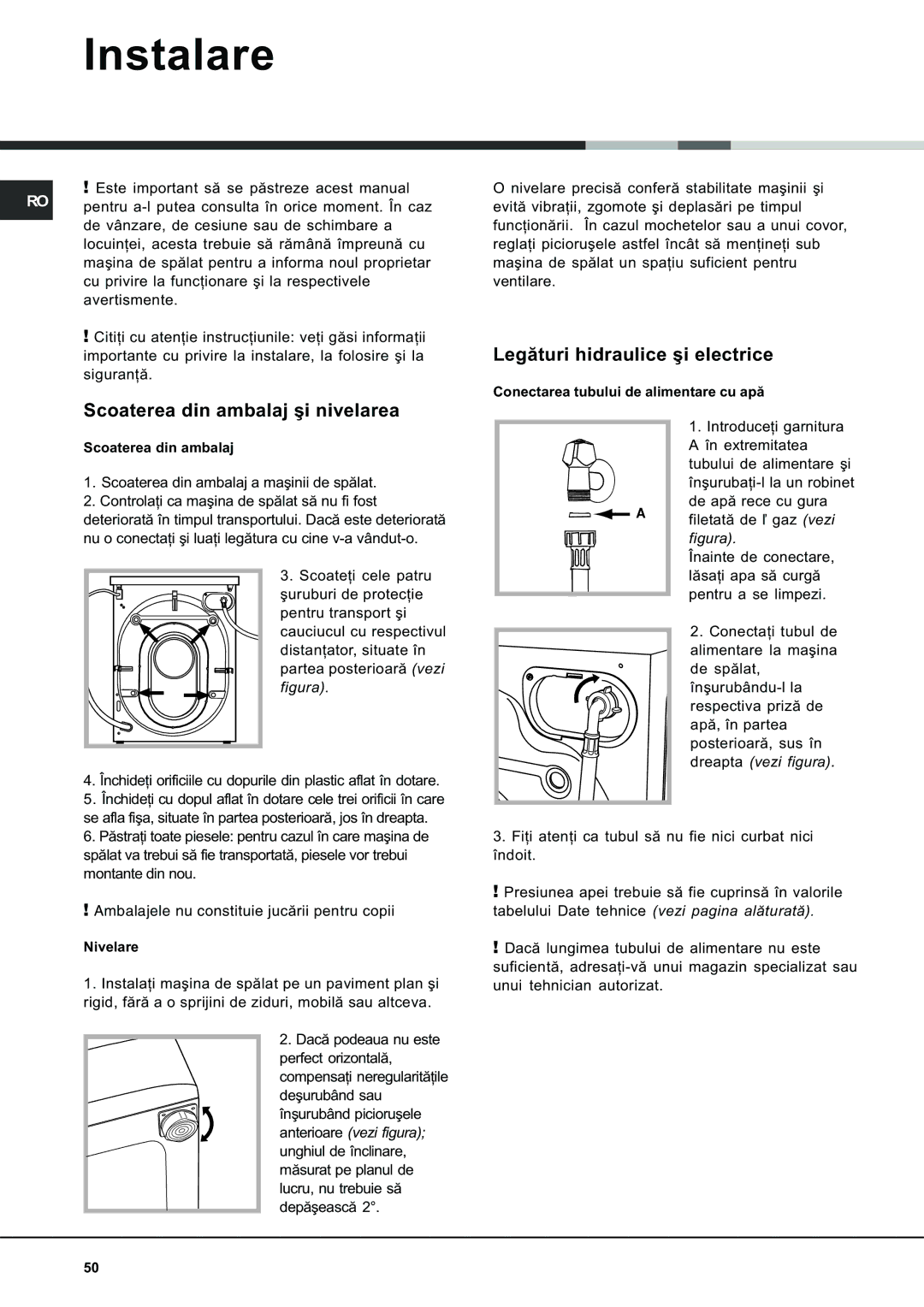 Ariston AVSD 109 manual Instalare, Scoaterea din ambalaj ºi nivelarea, Legãturi hidraulice ºi electrice 