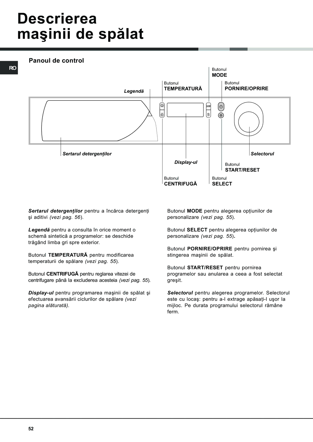 Ariston AVSD 109 manual Descrierea maºinii de spãlat, Panoul de control, Sertarul detergenþilor Display-ul, Selectorul 