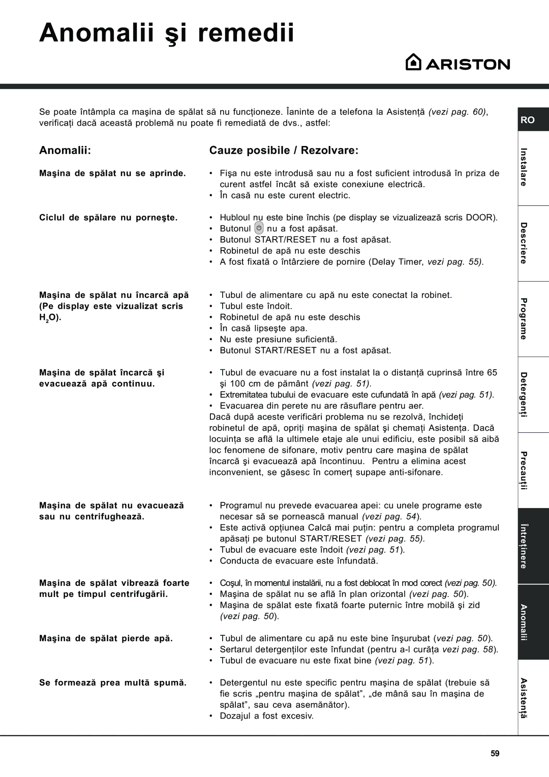 Ariston AVSD 109 manual Anomalii ºi remedii, Anomalii Cauze posibile / Rezolvare 