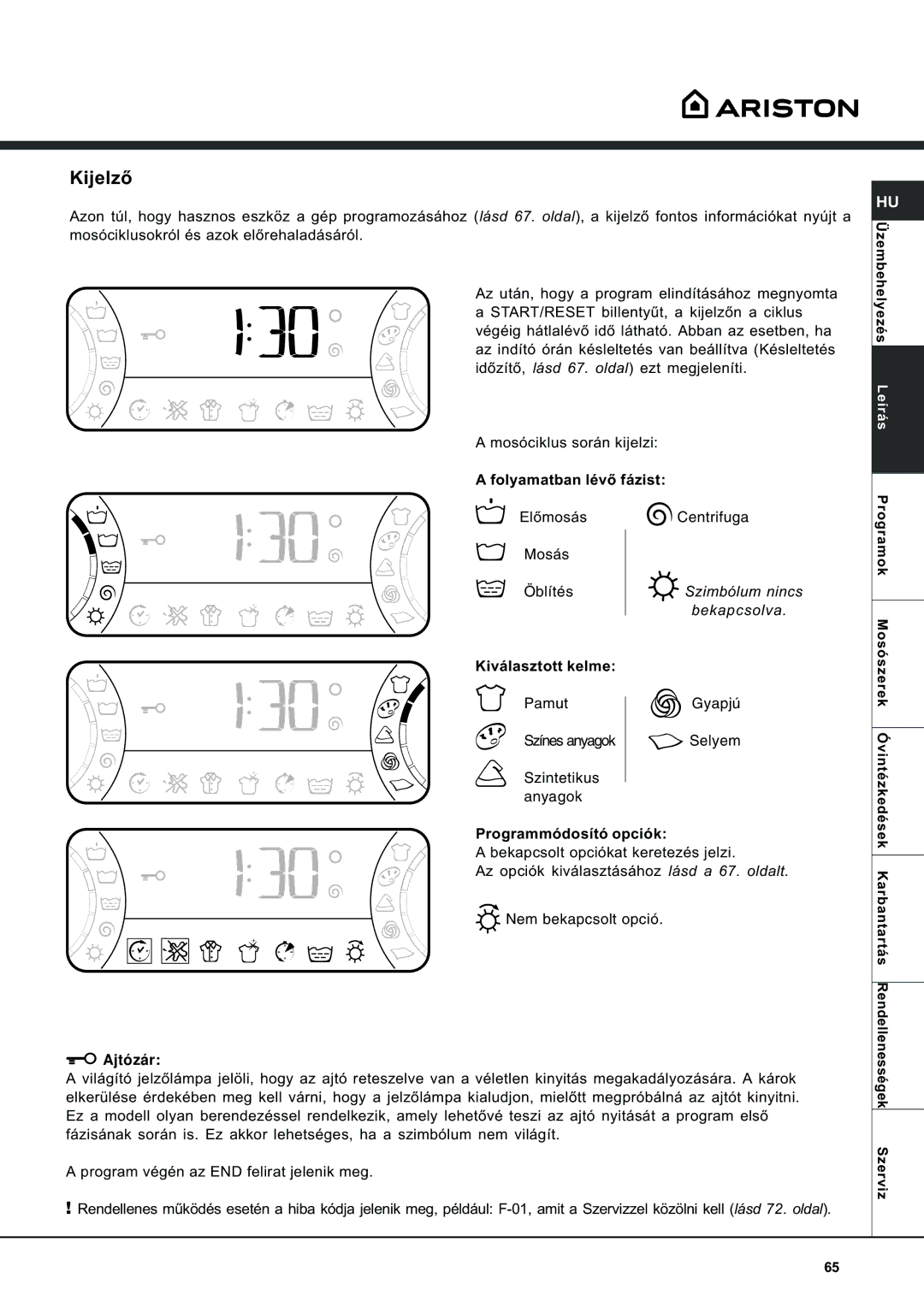 Ariston AVSD 109 manual Kijelzõ, Ajtózár 