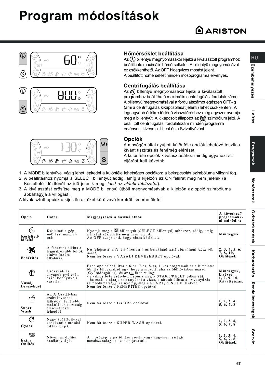 Ariston AVSD 109 manual Program módosítások, Hõ mérséklet beállítása, Centrifugálás beállítása, Opciók 