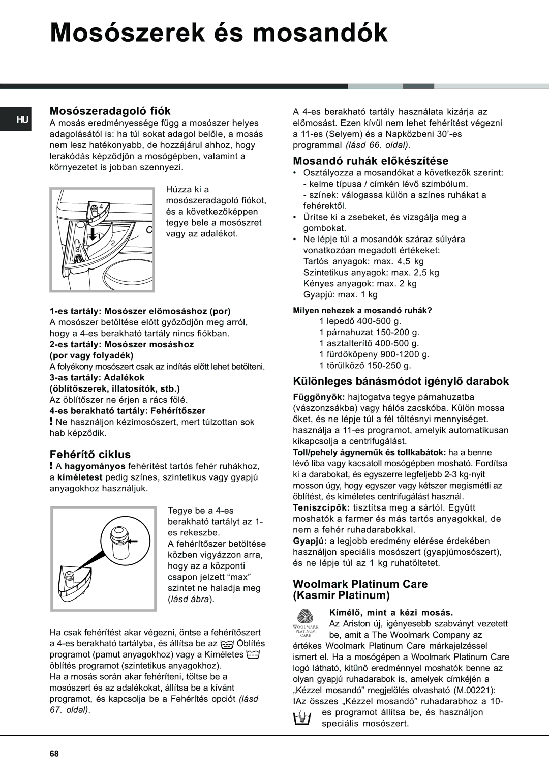 Ariston AVSD 109 manual Mosószerek és mosandók 