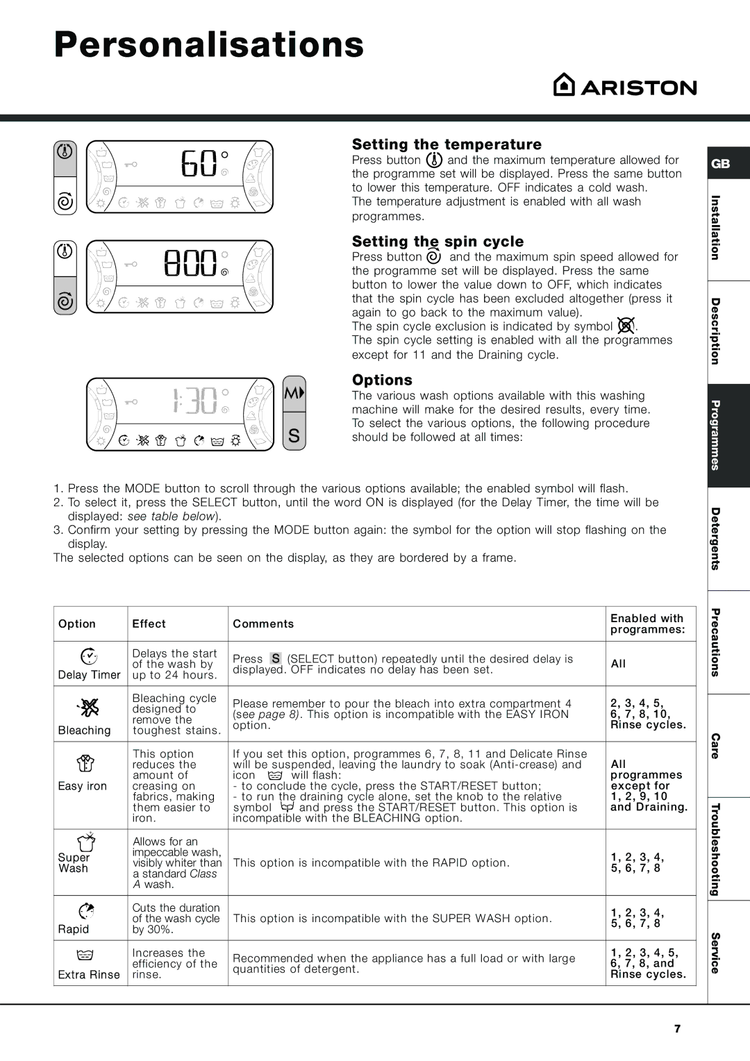 Ariston AVSD 109 manual Personalisations, Setting the temperature, Setting the spin cycle, Options 