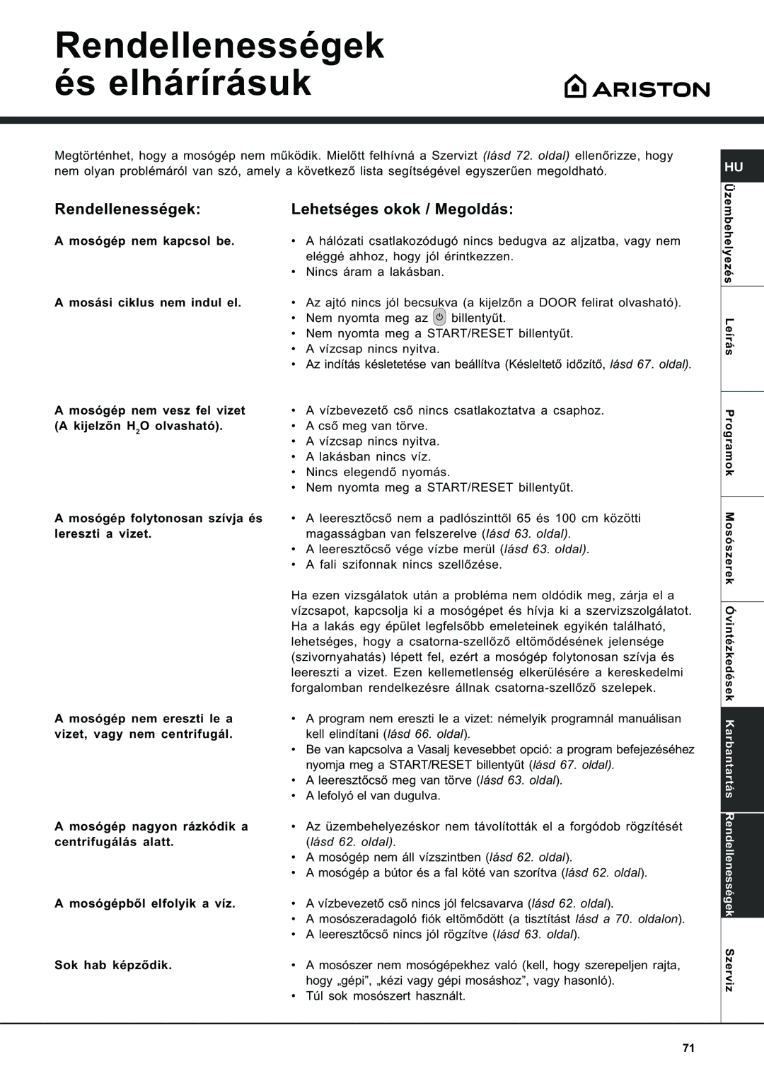 Ariston AVSD 109 manual Rendellenességek és elhárírásuk, Rendellenességek Lehetséges okok / Megoldás 