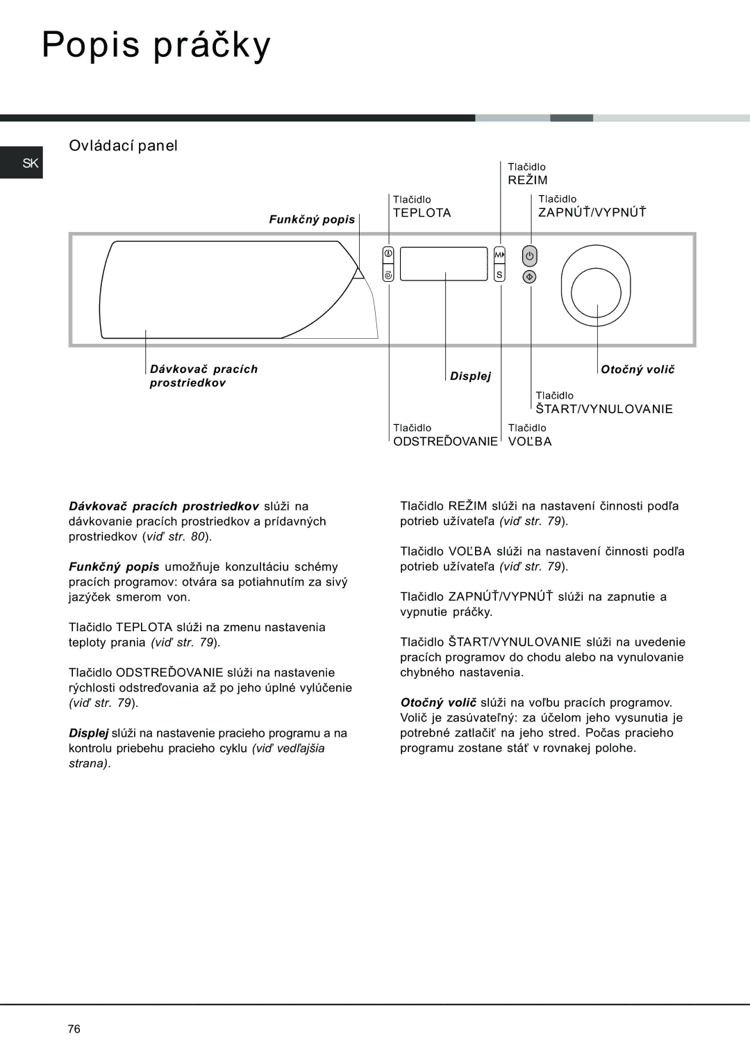 Ariston AVSD 109 manual Popis práèky, Funkèný popis, Dávkovaè pracích prostriedkov Displej 