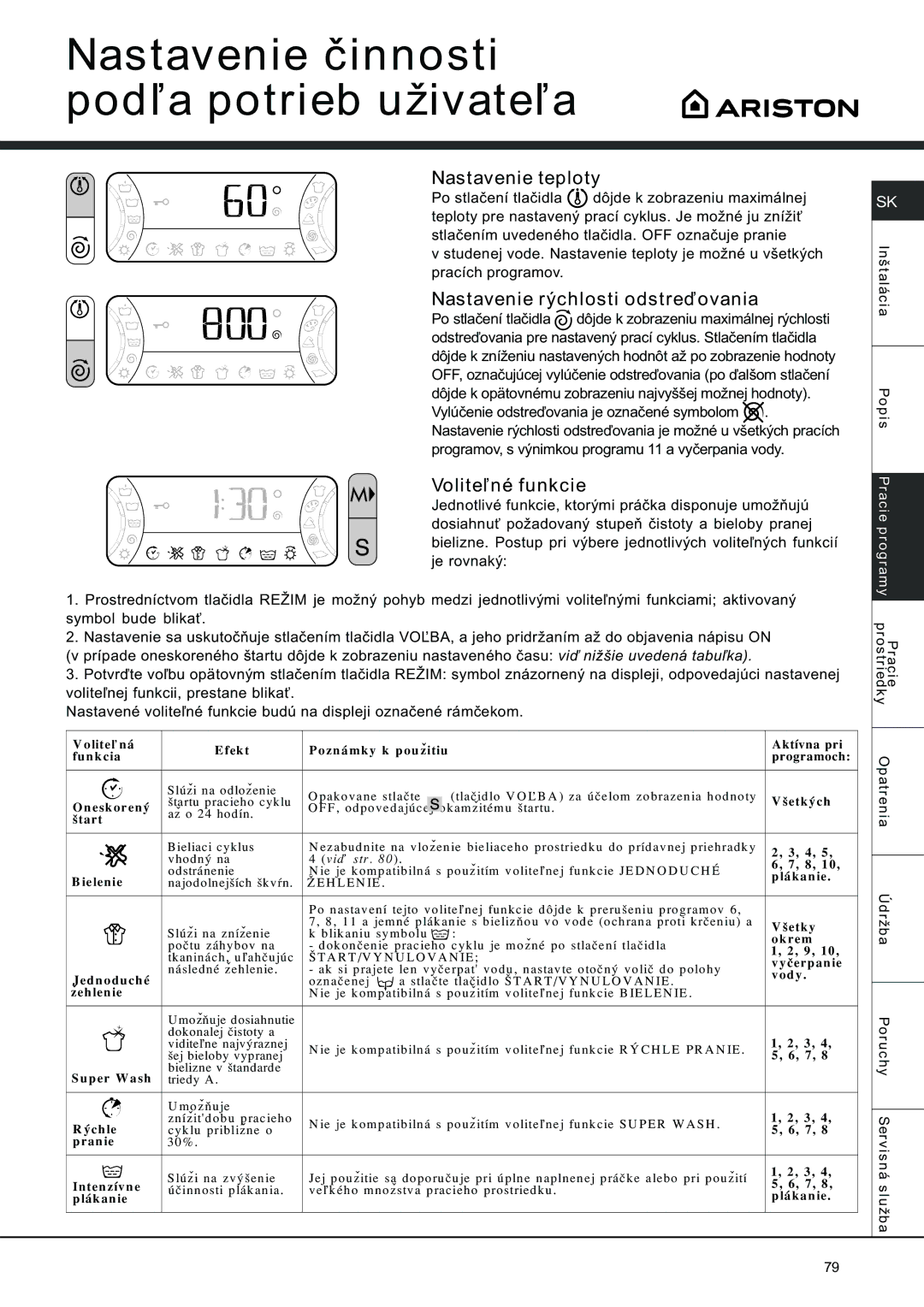 Ariston AVSD 109 manual Nastavenie èinnosti pod¾a potrieb uživate¾a, Nastavenie teploty, Nastavenie rýchlosti odstreïovania 