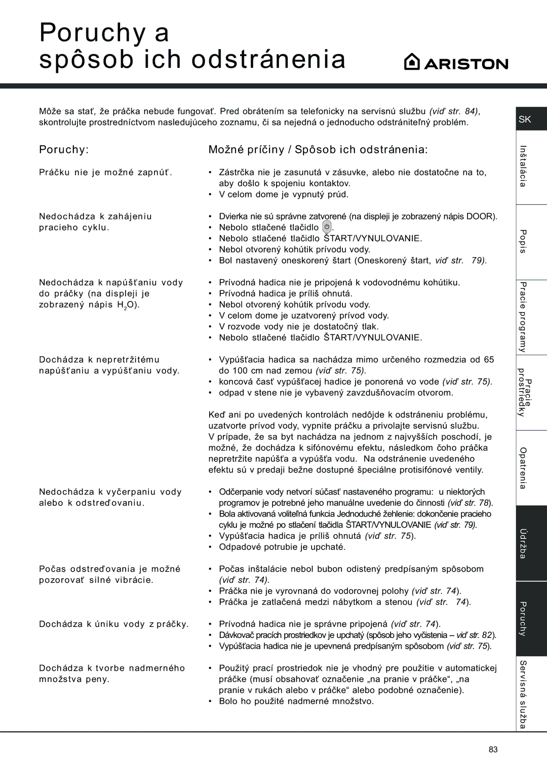 Ariston AVSD 109 manual Poruchy a Spôsob ich odstránenia, Možné príèiny / Spôsob ich odstránenia 