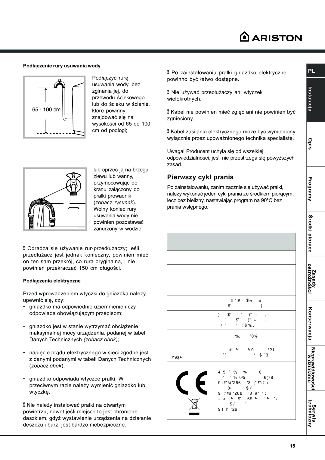 Ariston AVTL 104 manual Pierwszy cykl prania, Dane techniczne 