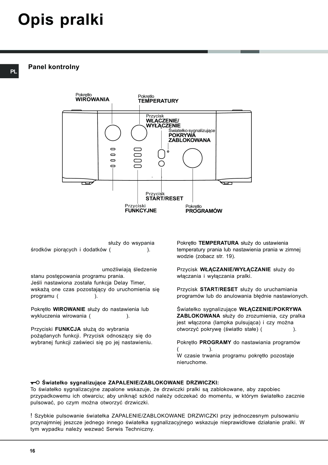 Ariston AVTL 104 manual Opis pralki, Panel kontrolny 