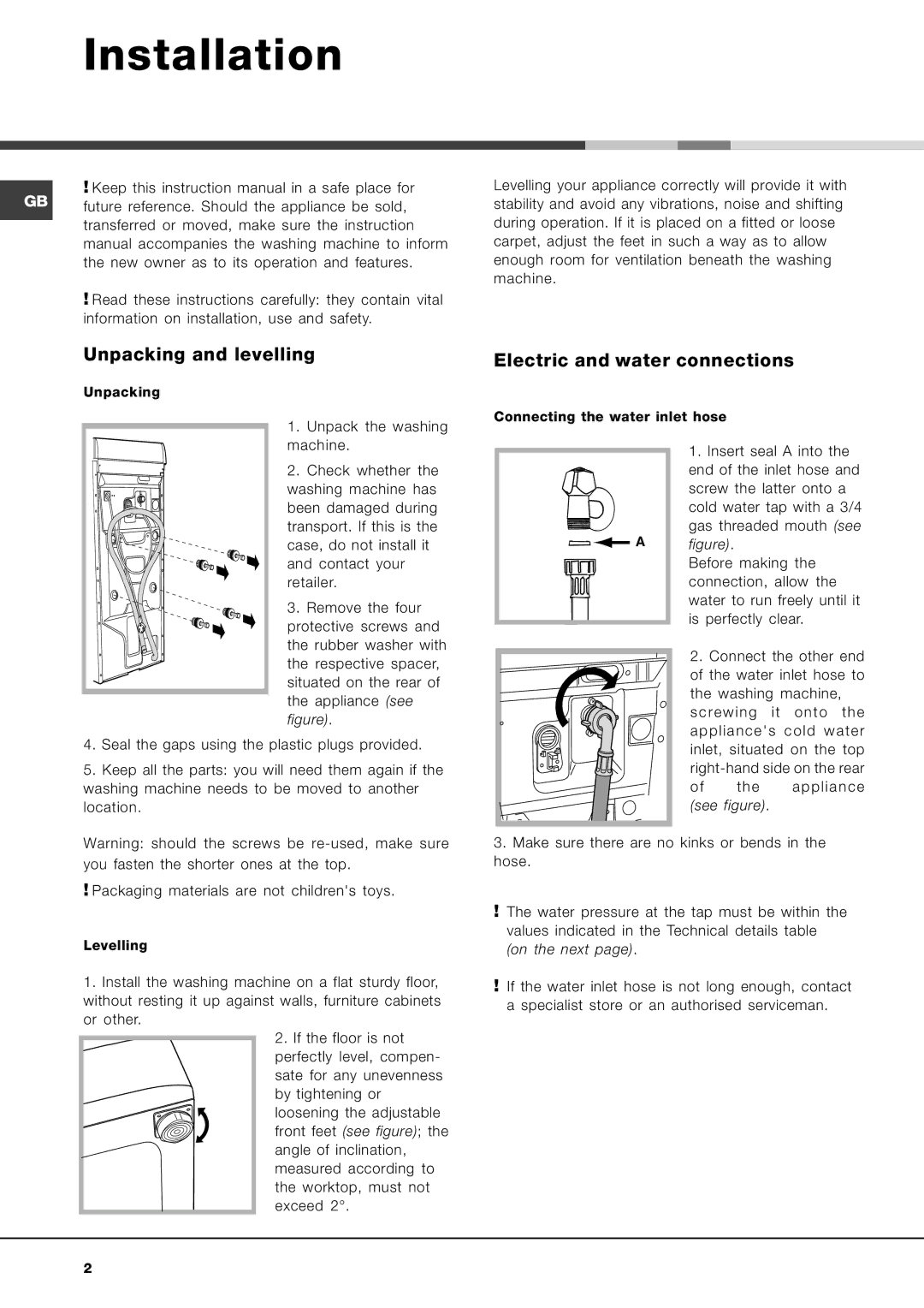 Ariston AVTL 104 manual Installation, Unpacking and levelling, Electric and water connections 