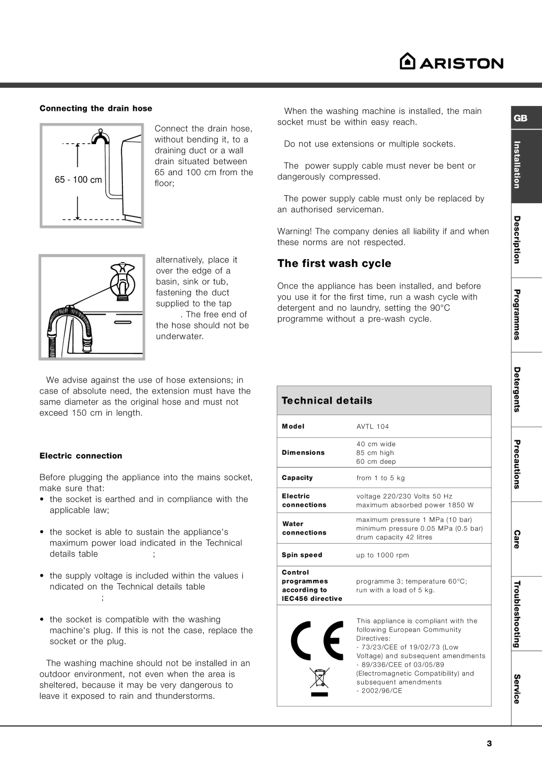 Ariston AVTL 104 manual First wash cycle, Technical details 