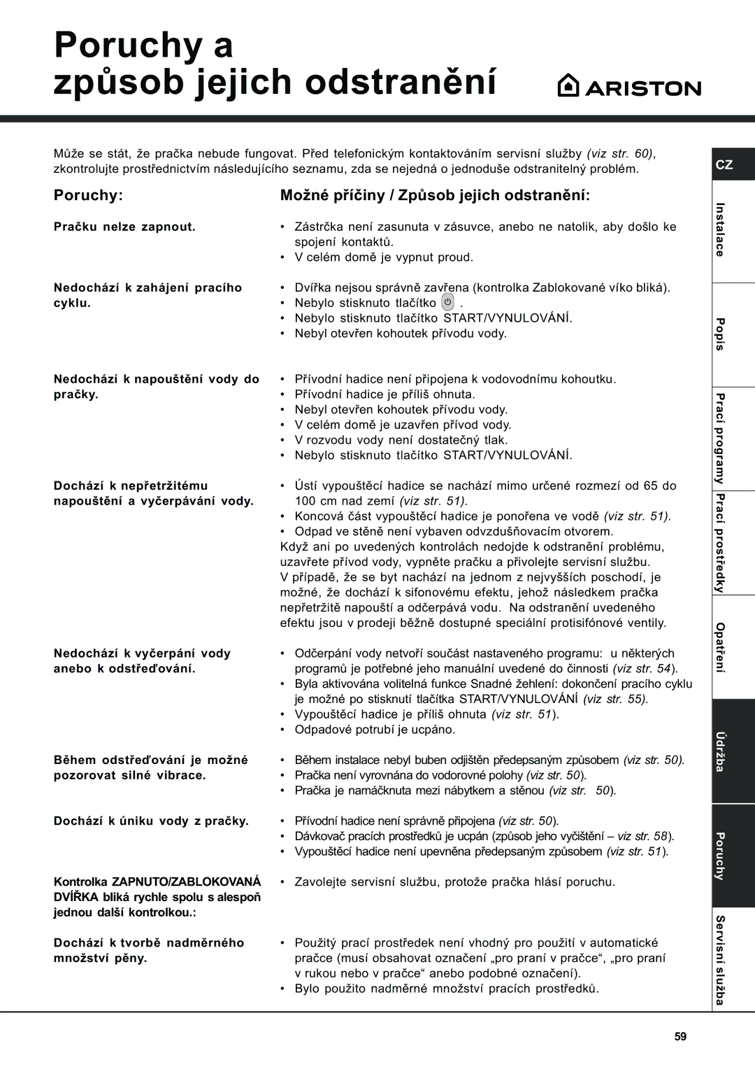 Ariston AVTL 104 manual Poruchy a Zpùsob jejich odstranìní, Poruchy Možné pøíèiny / Zpùsob jejich odstranìní 