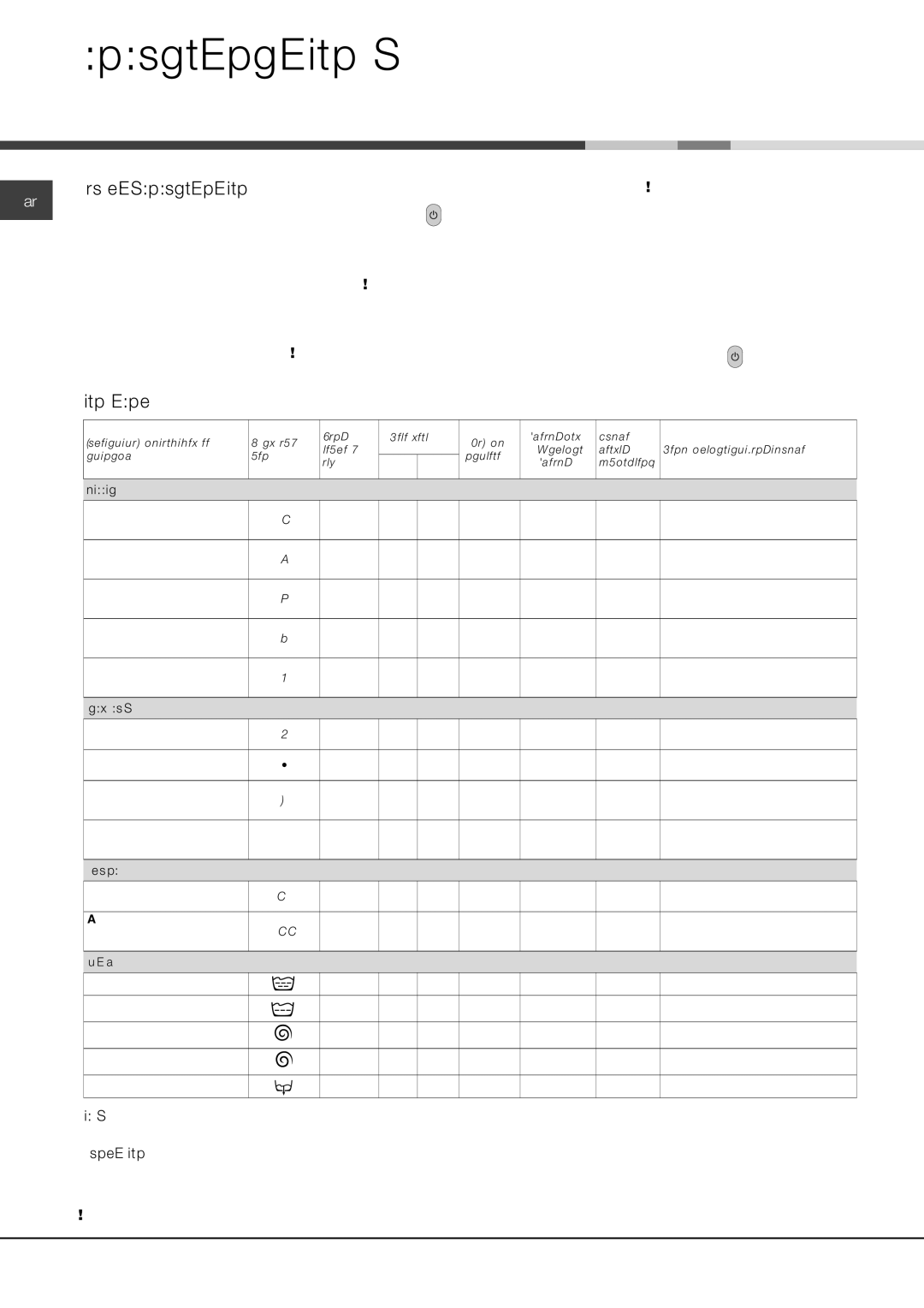 Ariston AVTL 104 manual Starting and Programmes, Briefly starting a programme, Programme table 