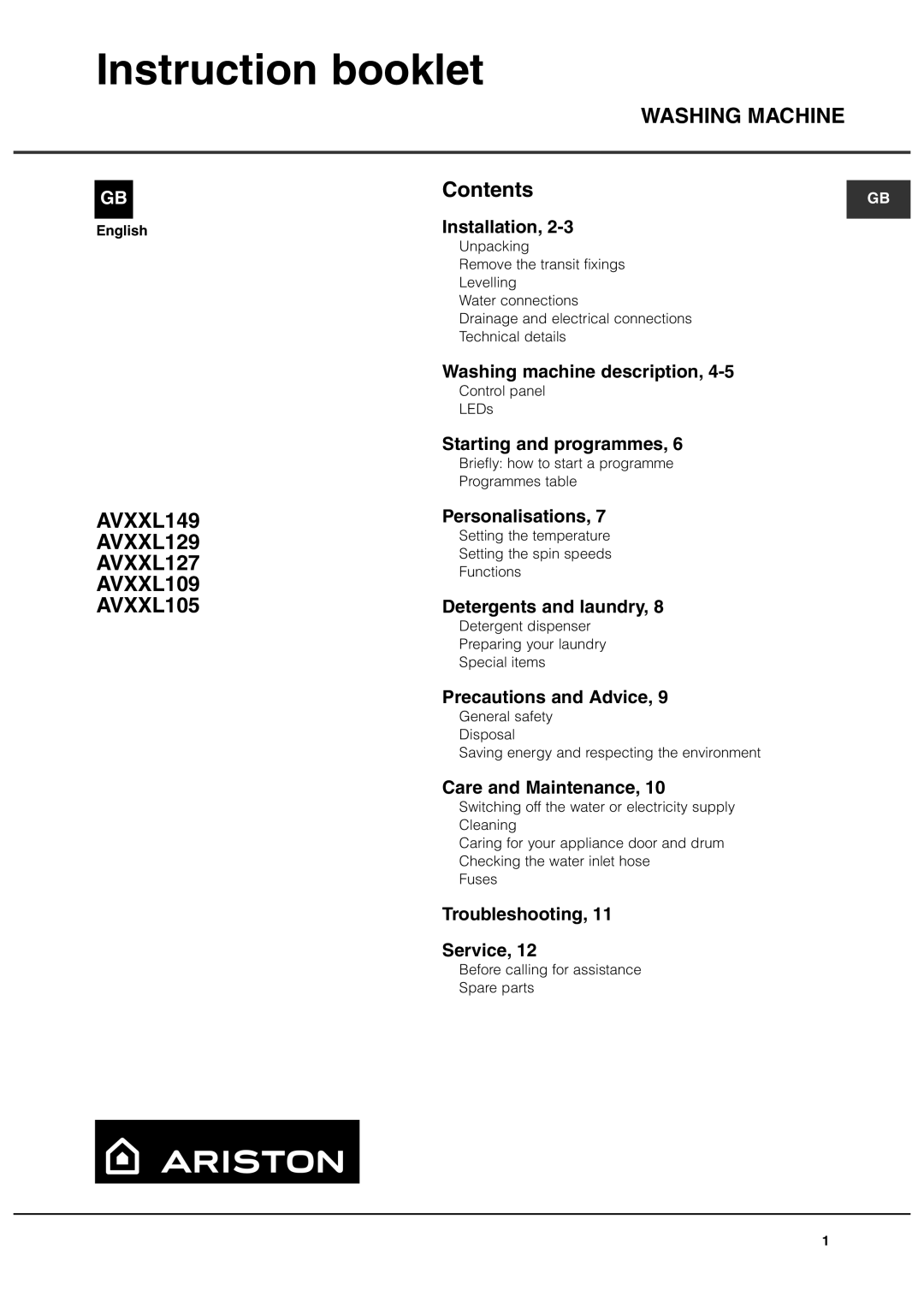 Ariston AVXXL149 manual Instruction booklet, Washing Machine 