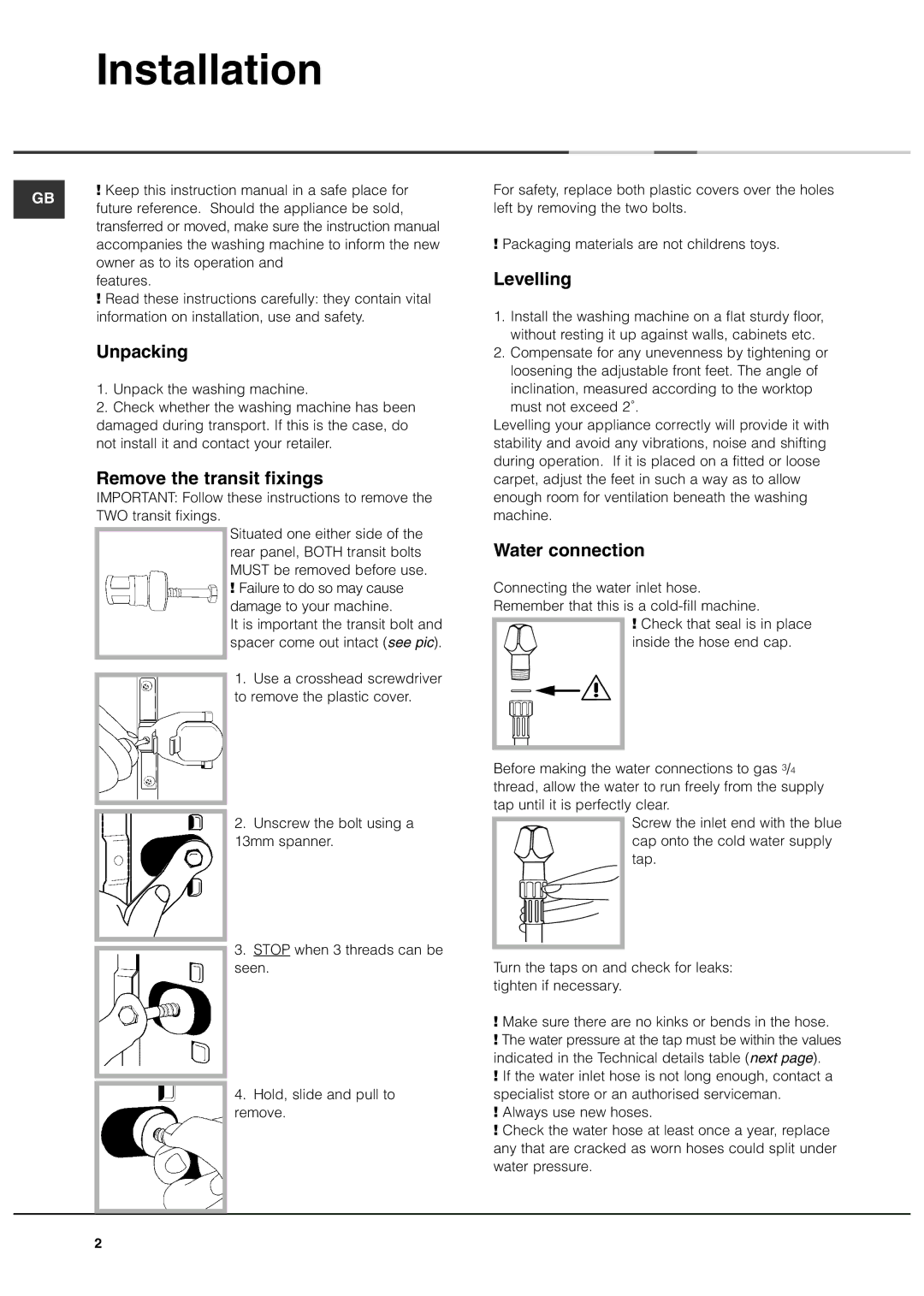 Ariston AVXXL149 manual Installation, Unpacking, Remove the transit fixings, Levelling, Water connection 