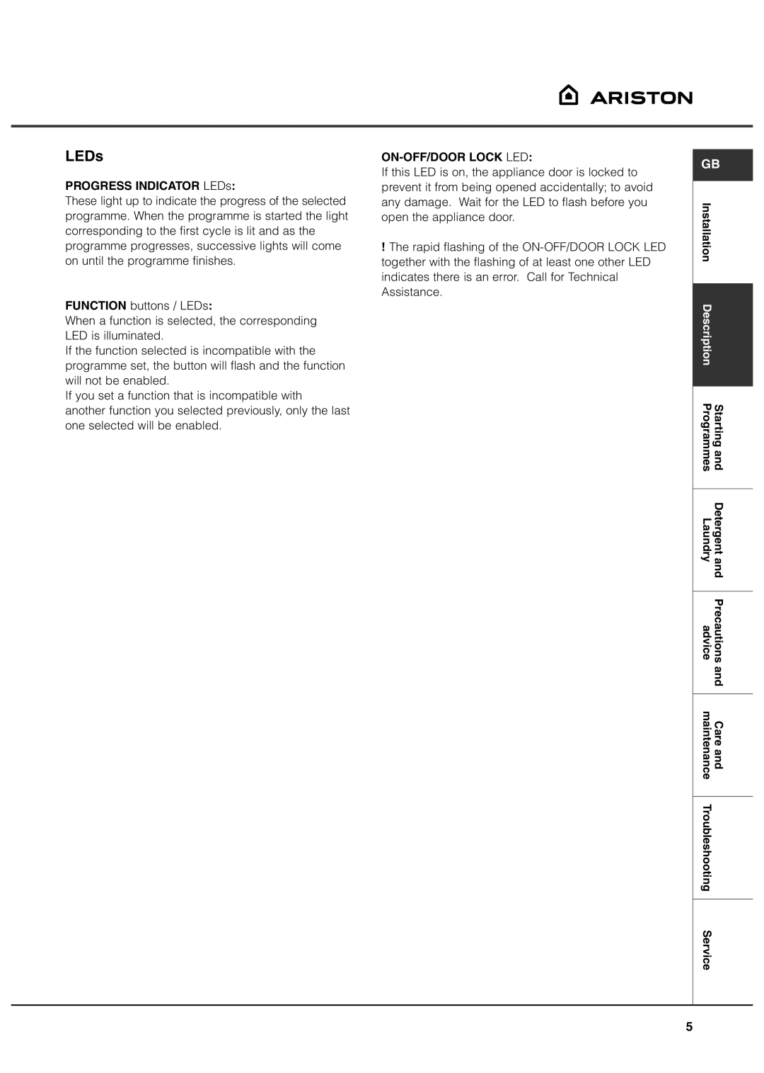 Ariston AVXXL149 manual LEDs, Description 