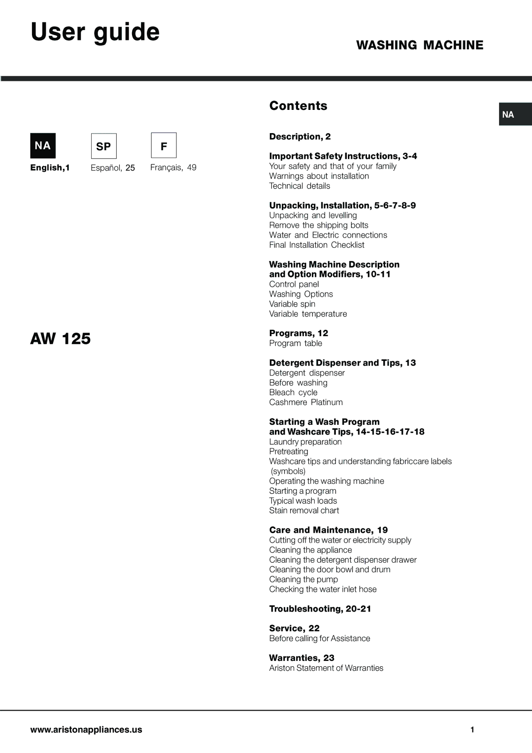 Ariston AW 125 important safety instructions User guide, Contents 