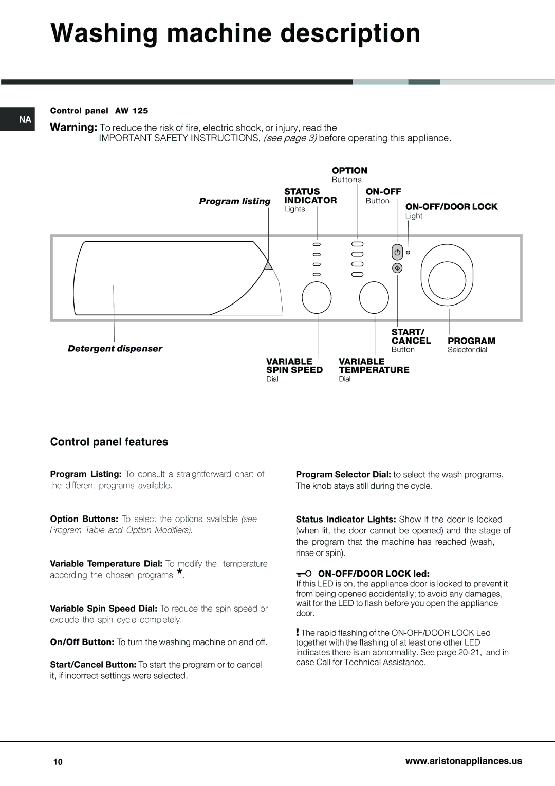 Ariston AW 125 important safety instructions Washing machine description, Control panel features, Program listing Indicator 