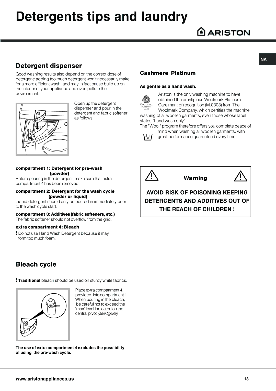 Ariston AW 125 Detergents tips and laundry, Detergent dispenser, Bleach cycle, Cashmere Platinum 