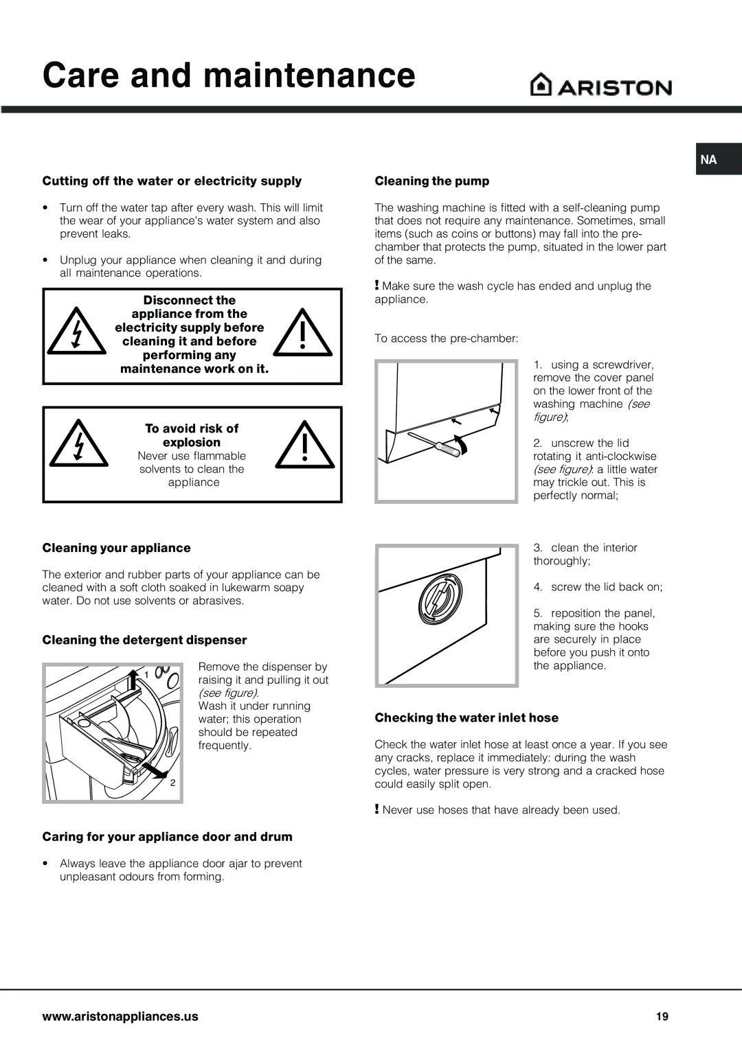 Ariston AW 125 Care and maintenance, Cleaning your appliance, Cleaning the detergent dispenser 