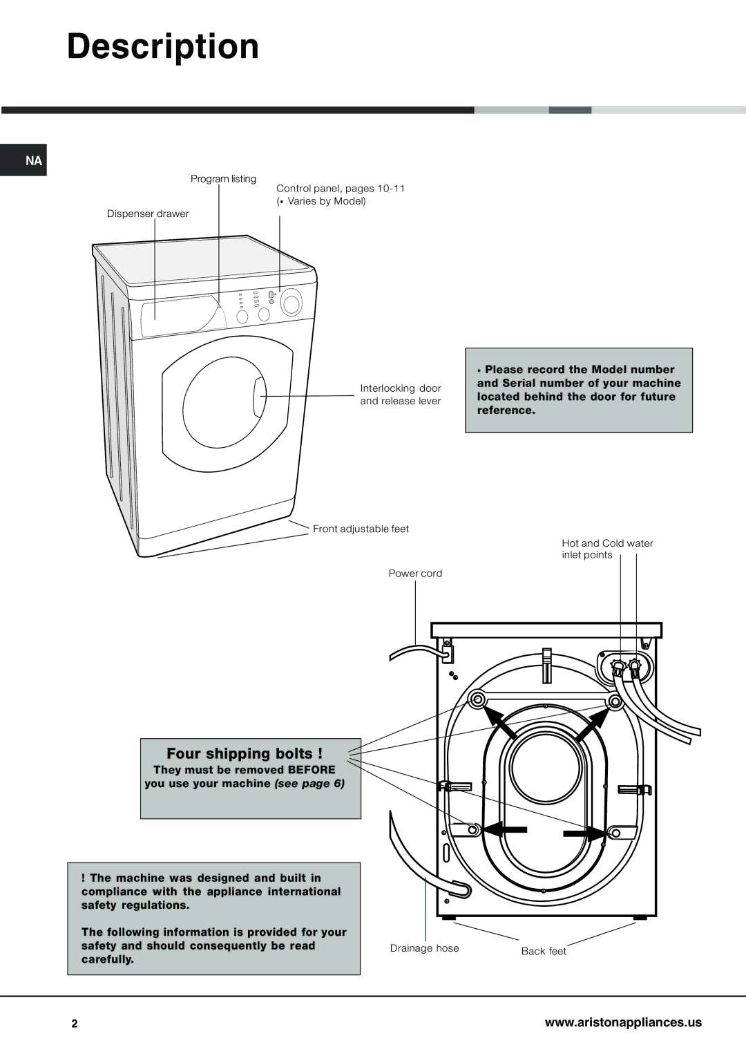 Ariston AW 125 important safety instructions Description, Four shipping bolts 