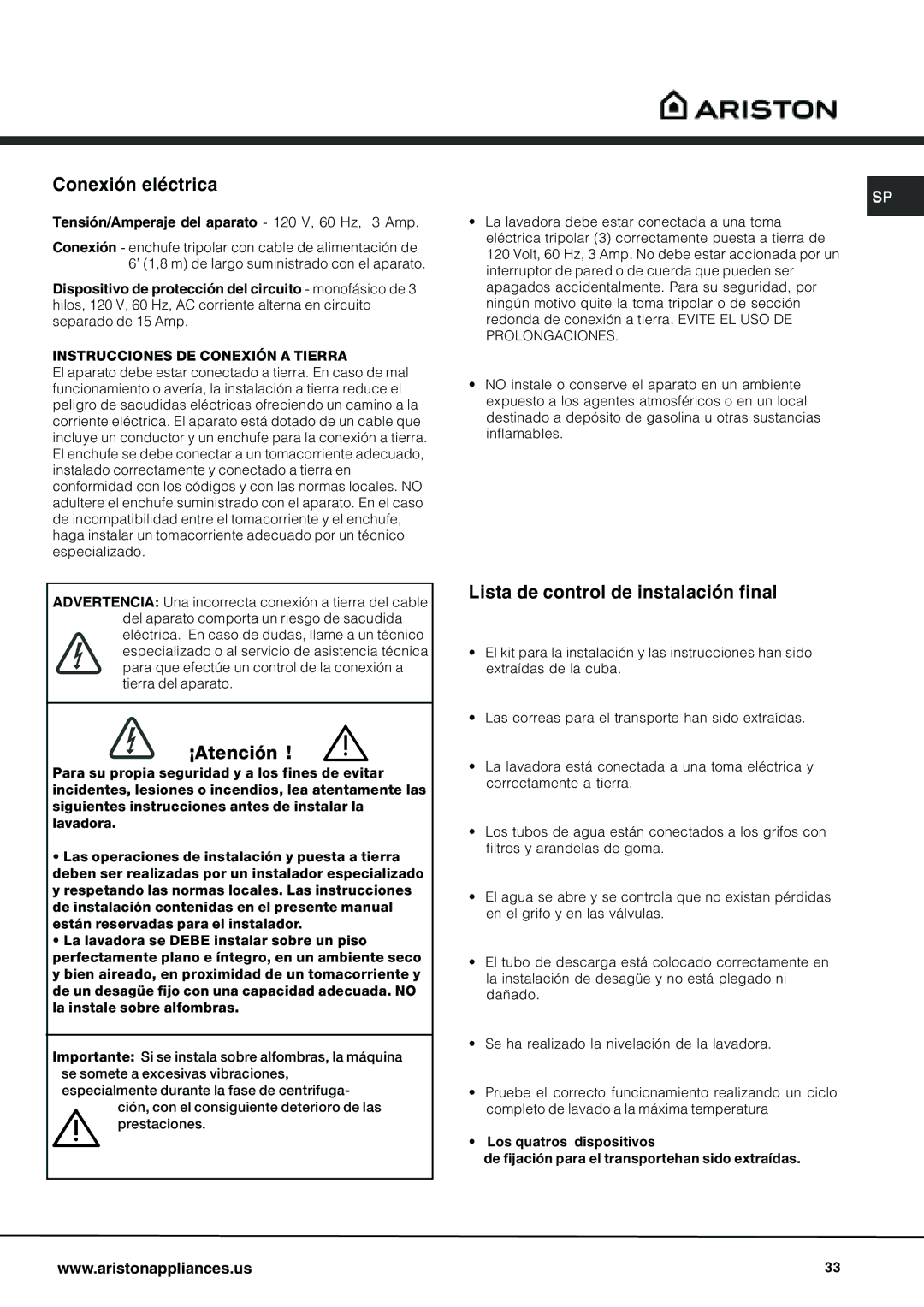 Ariston AW 125 important safety instructions Conexión eléctrica, ¡Atención, Lista de control de instalación final 