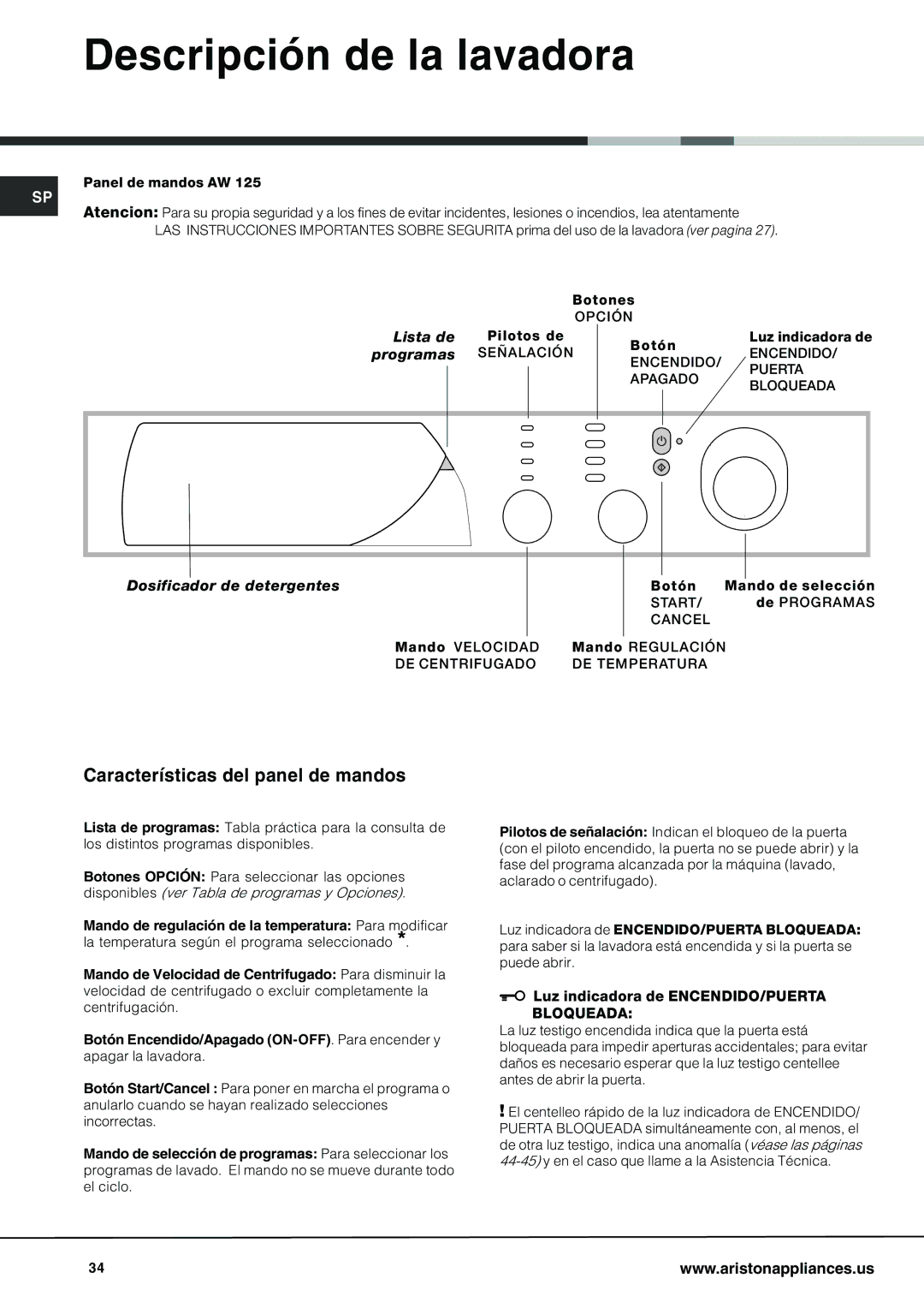 Ariston AW 125 important safety instructions Descripción de la lavadora, Características del panel de mandos, Lista de 