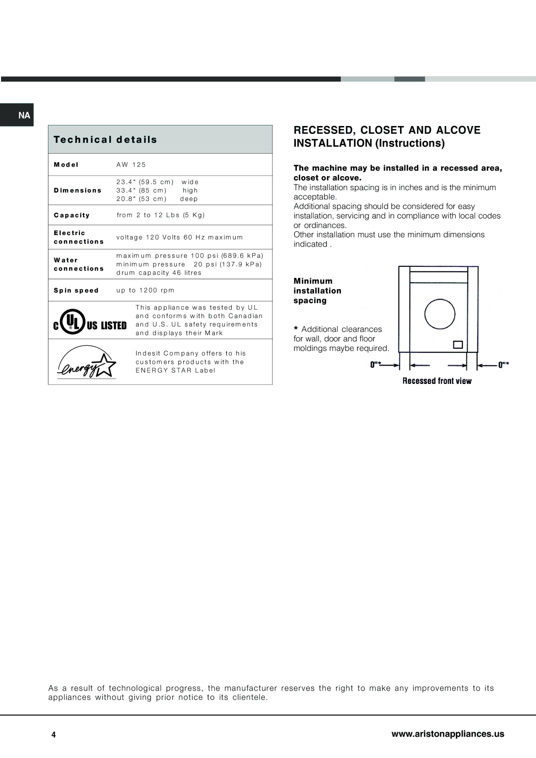 Ariston AW 125 RECESSED, Closet and Alcove Installation Instructions, Tec h n ic a l d eta ils 