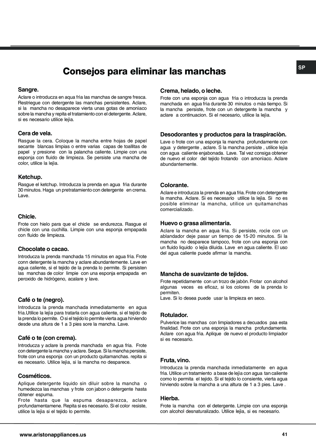 Ariston AW 125 important safety instructions Consejos para eliminar las manchas 