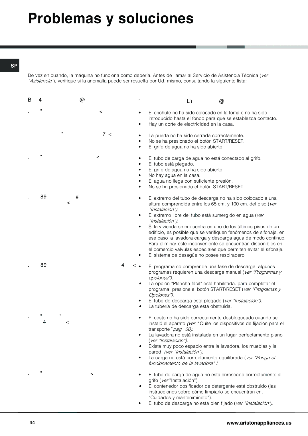 Ariston AW 125 important safety instructions Problemas y soluciones, La lavadora no carga agua 