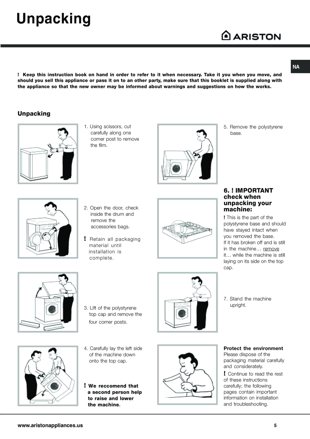 Ariston AW 125 important safety instructions Unpacking, Important check when unpacking your machine 