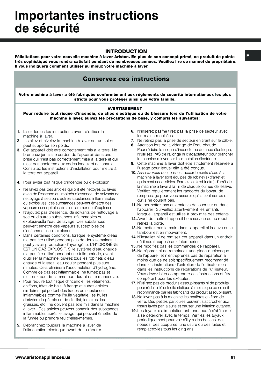 Ariston AW 125 important safety instructions Importantes instructions de sécurité, Conservez ces instructions 