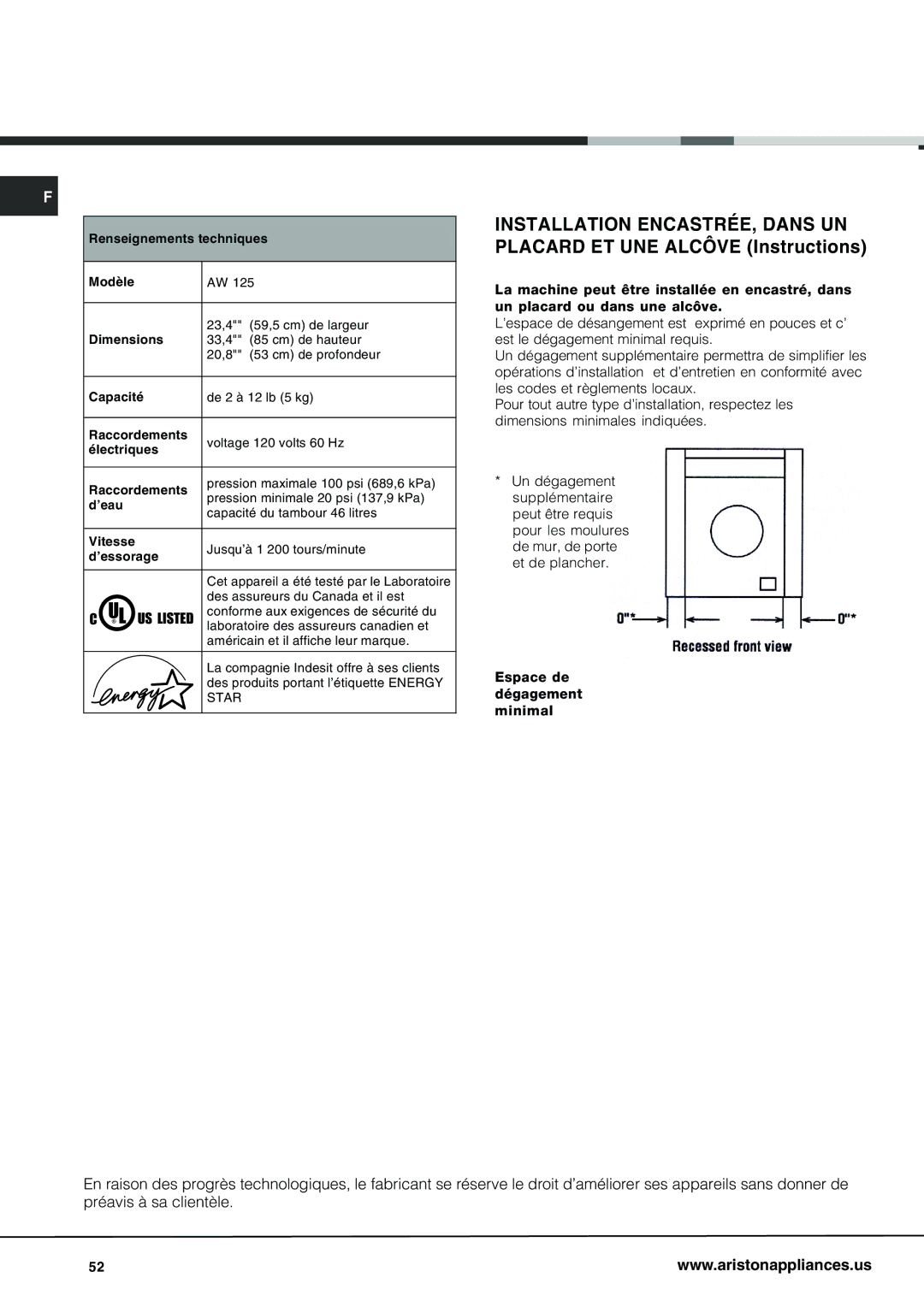 Ariston AW 125 important safety instructions US Listed 